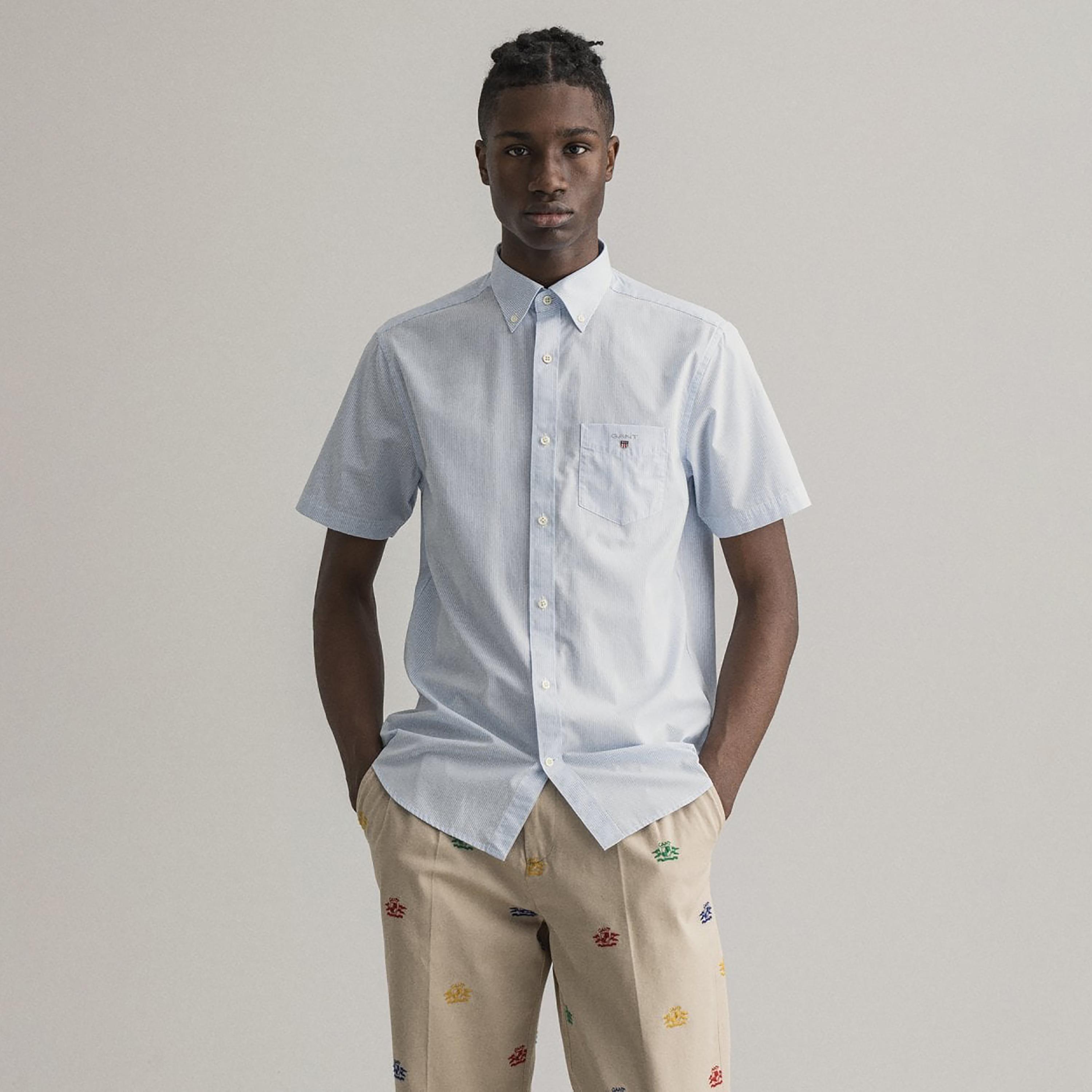 Gant Banker Striped Button Down Collar Short Sleeves Shirt with Patch Pocket-men-clothing-shirts-image-2