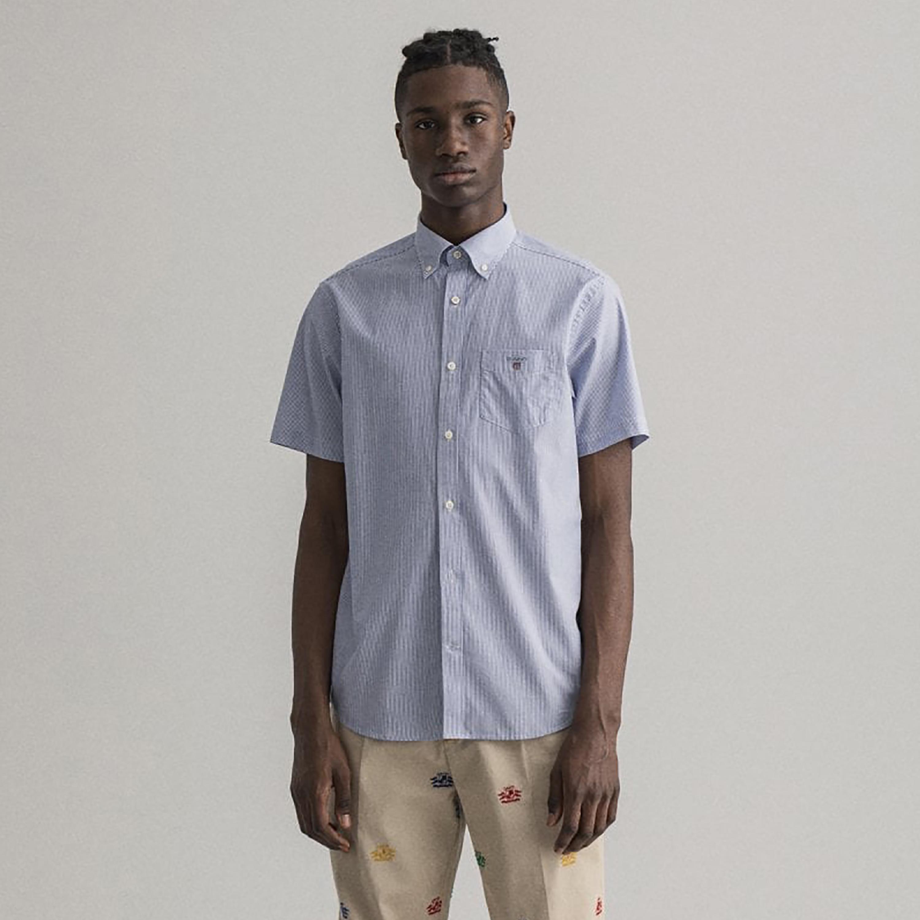 قميص من جانت بانكر مخطط بأكمام قصيرة وياقة بأزرار سفلية وجيب رقعة-men-clothing-shirts-image-1