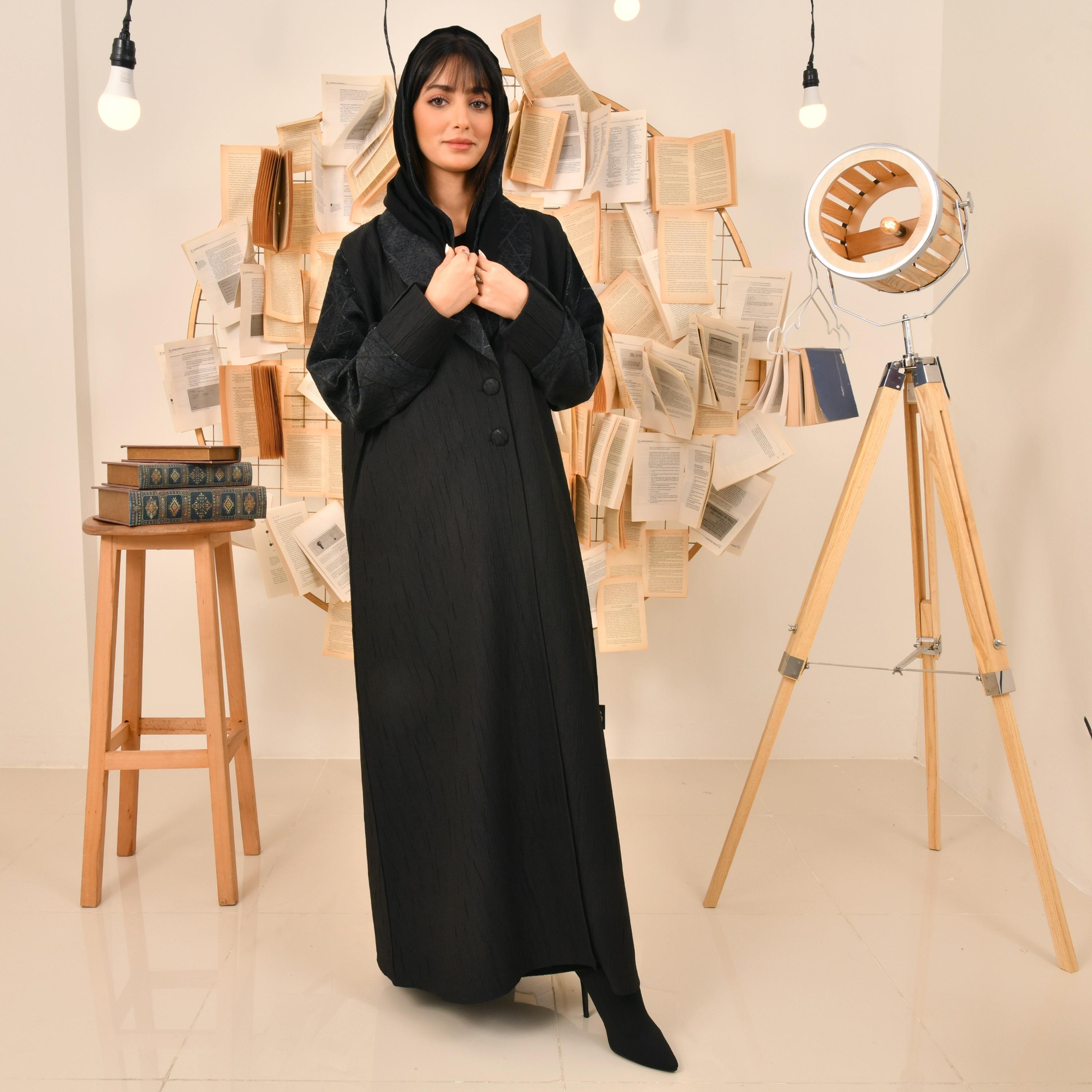 Hawraa Textured Coat Style Abaya with Hijab-women-arabicclothing-abayas-image-1