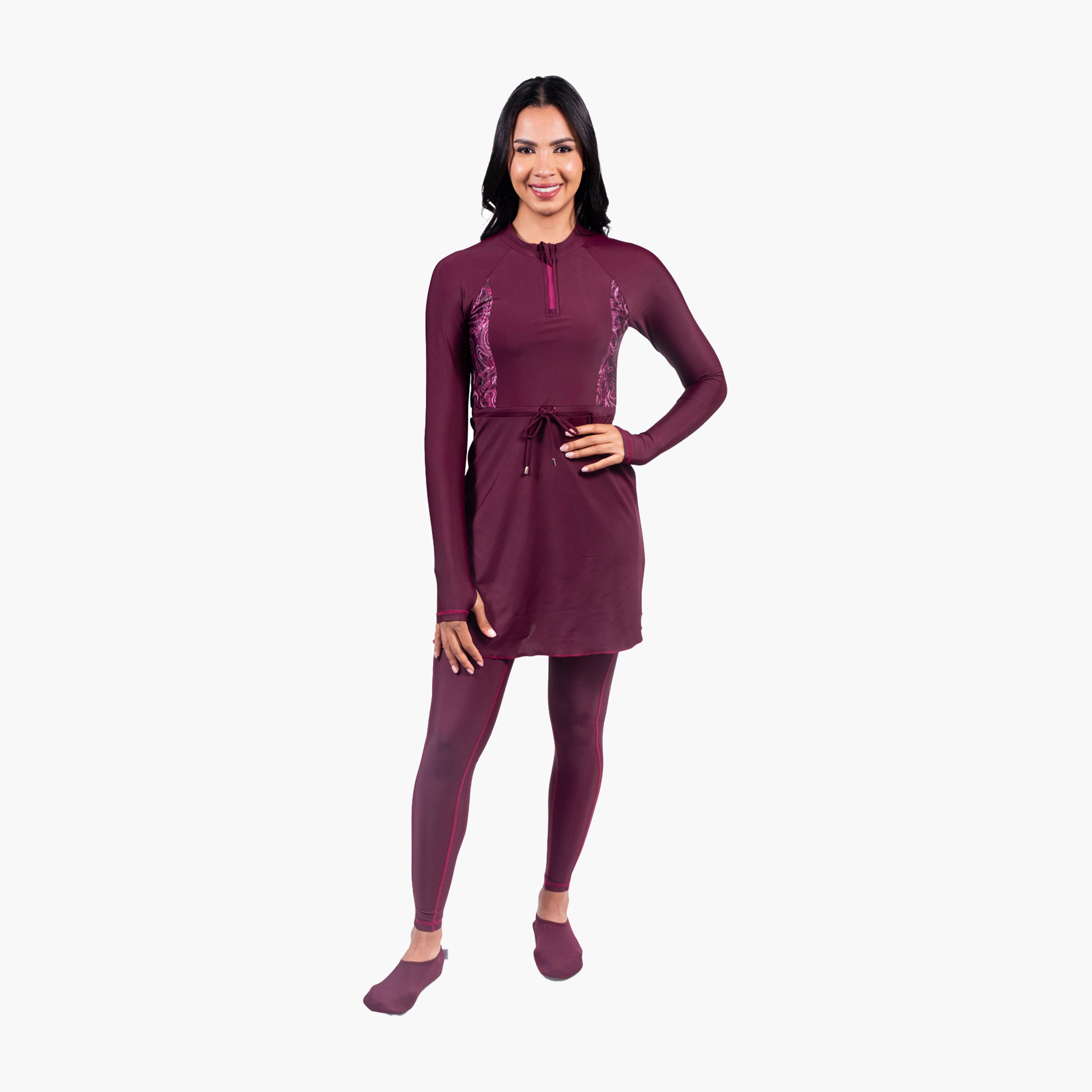 كويغا- ملابس سباحة محتشمة   قطعتين مع تنورة للسيدات - رخامي عنابي-women-clothing-swimandbeach-swimsuits-image-1