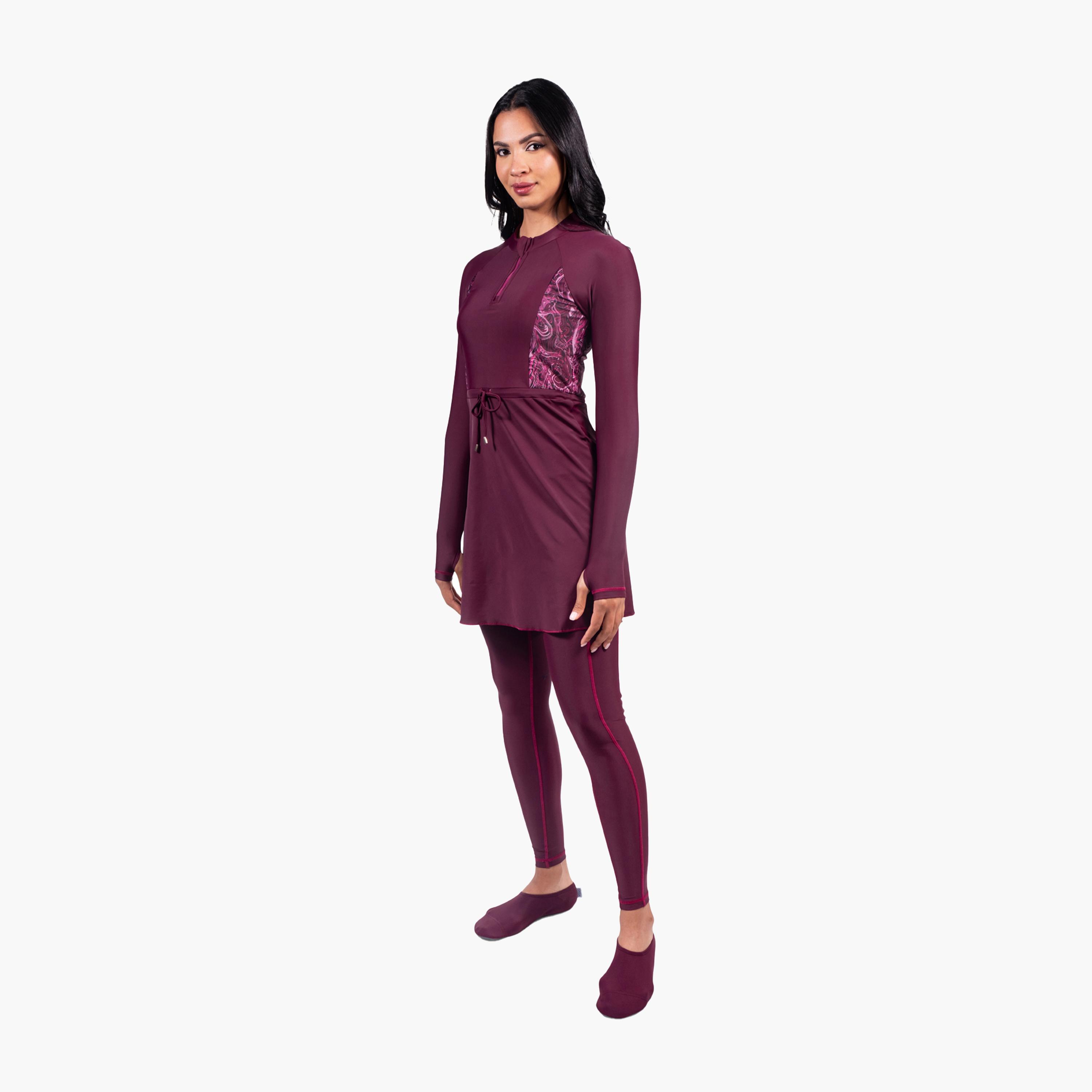 كويغا- ملابس سباحة محتشمة   قطعتين مع تنورة للسيدات - رخامي عنابي-women-clothing-swimandbeach-swimsuits-image-3