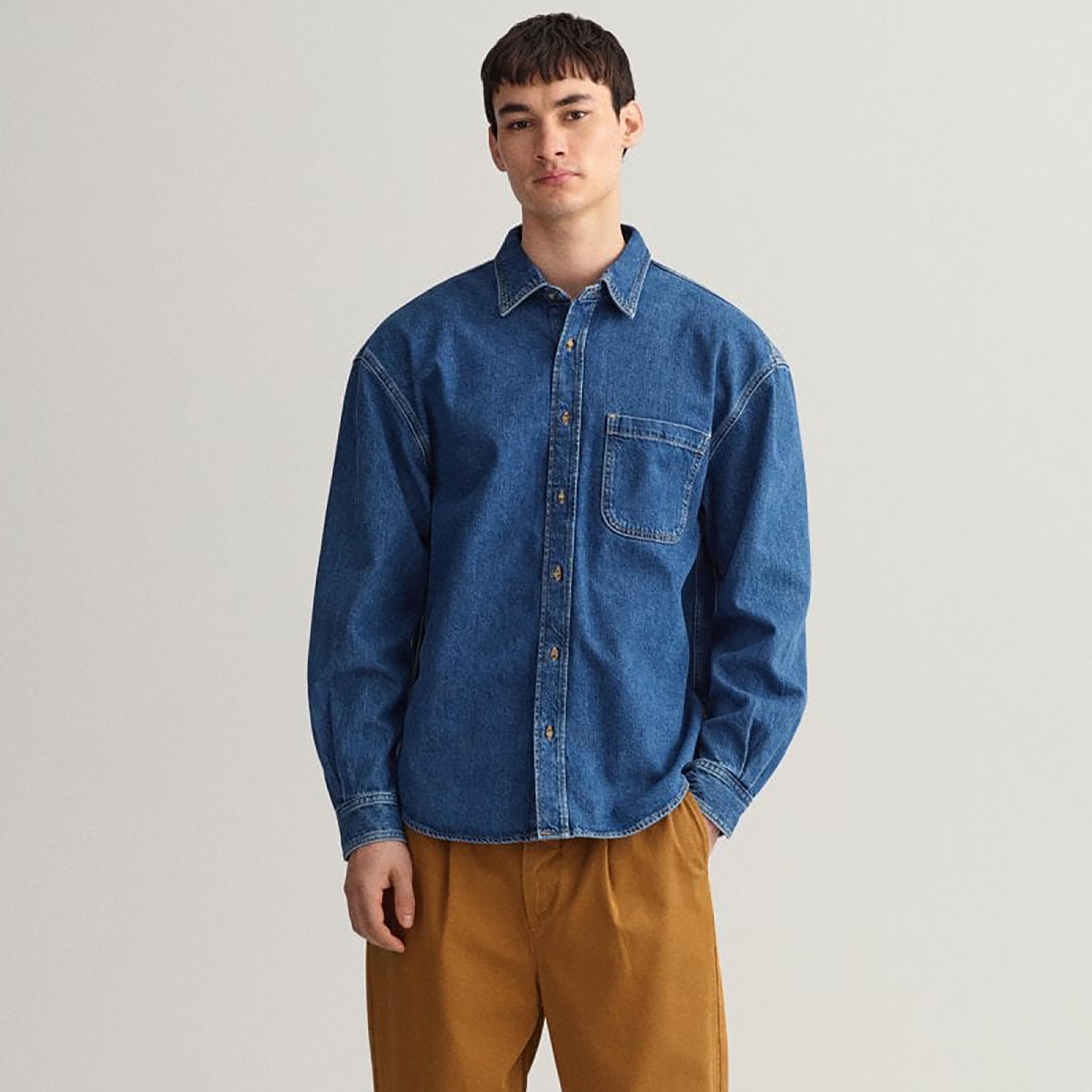 Gant Plain Collared Long Sleeves Denim Shirt with Patch Pocket-men-clothing-shirts-image-1