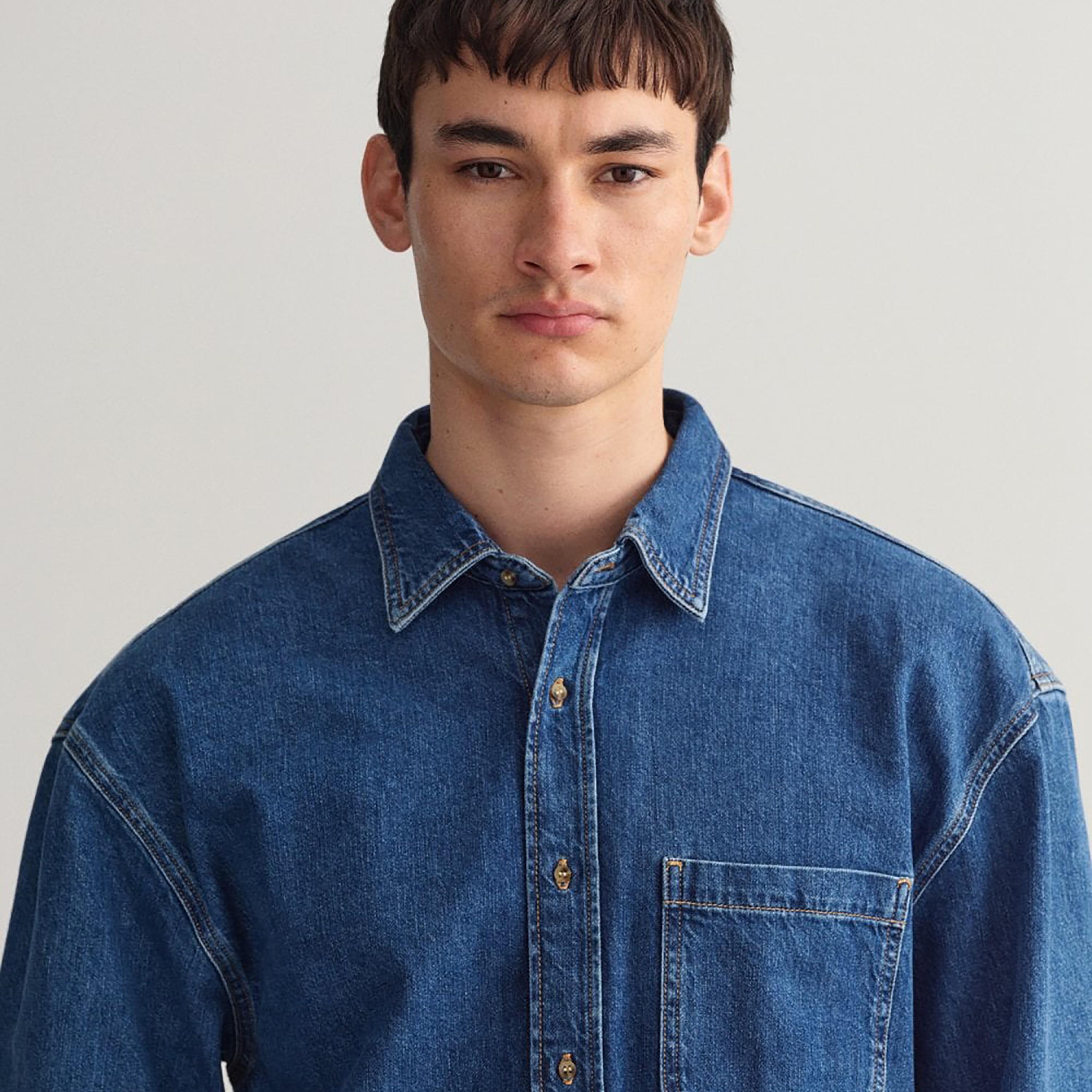 Gant Plain Collared Long Sleeves Denim Shirt with Patch Pocket-men-clothing-shirts-image-3