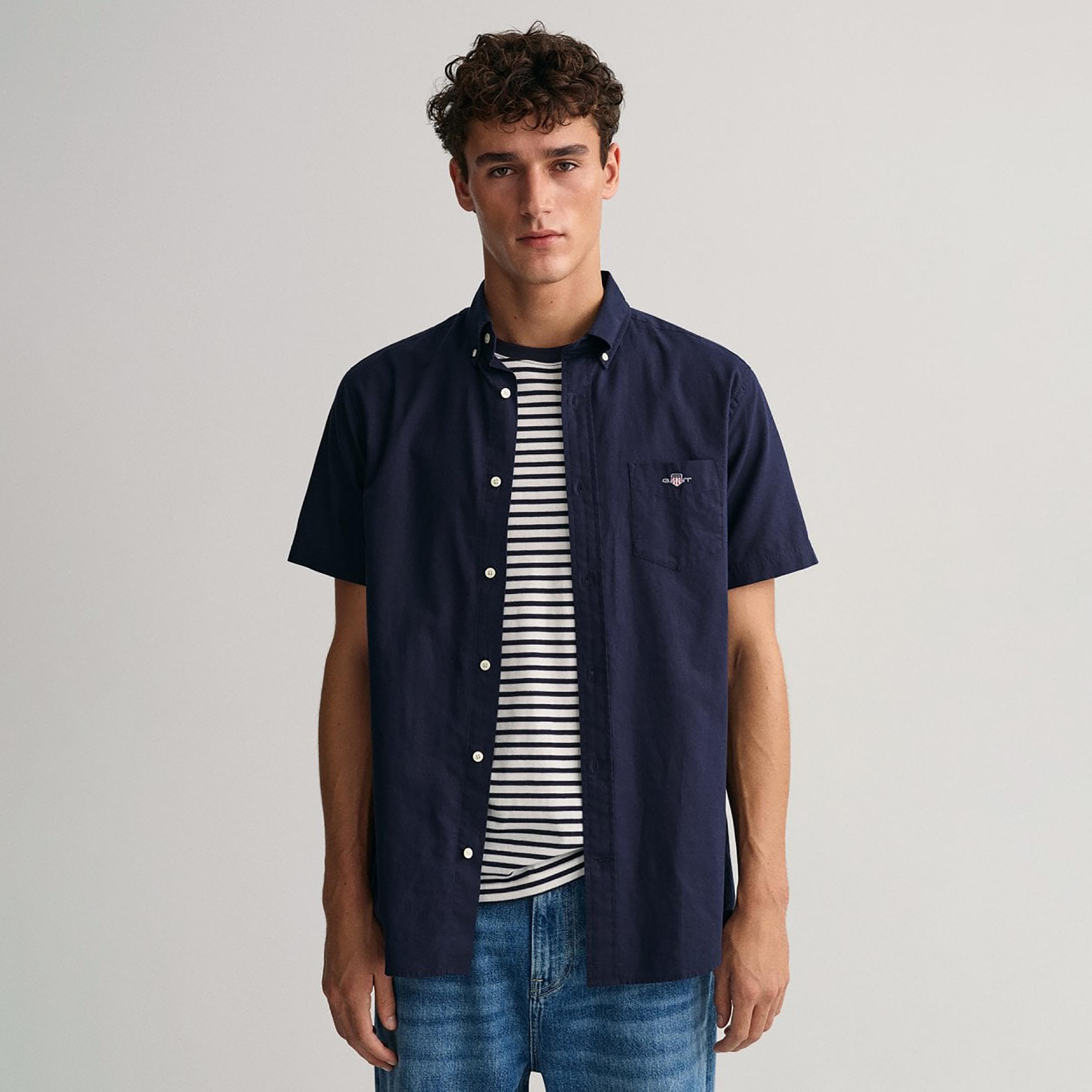 Gant Logo Detail Button Down Collar Short Sleeves Shirt with Patch Pocket-men-clothing-shirts-image-1