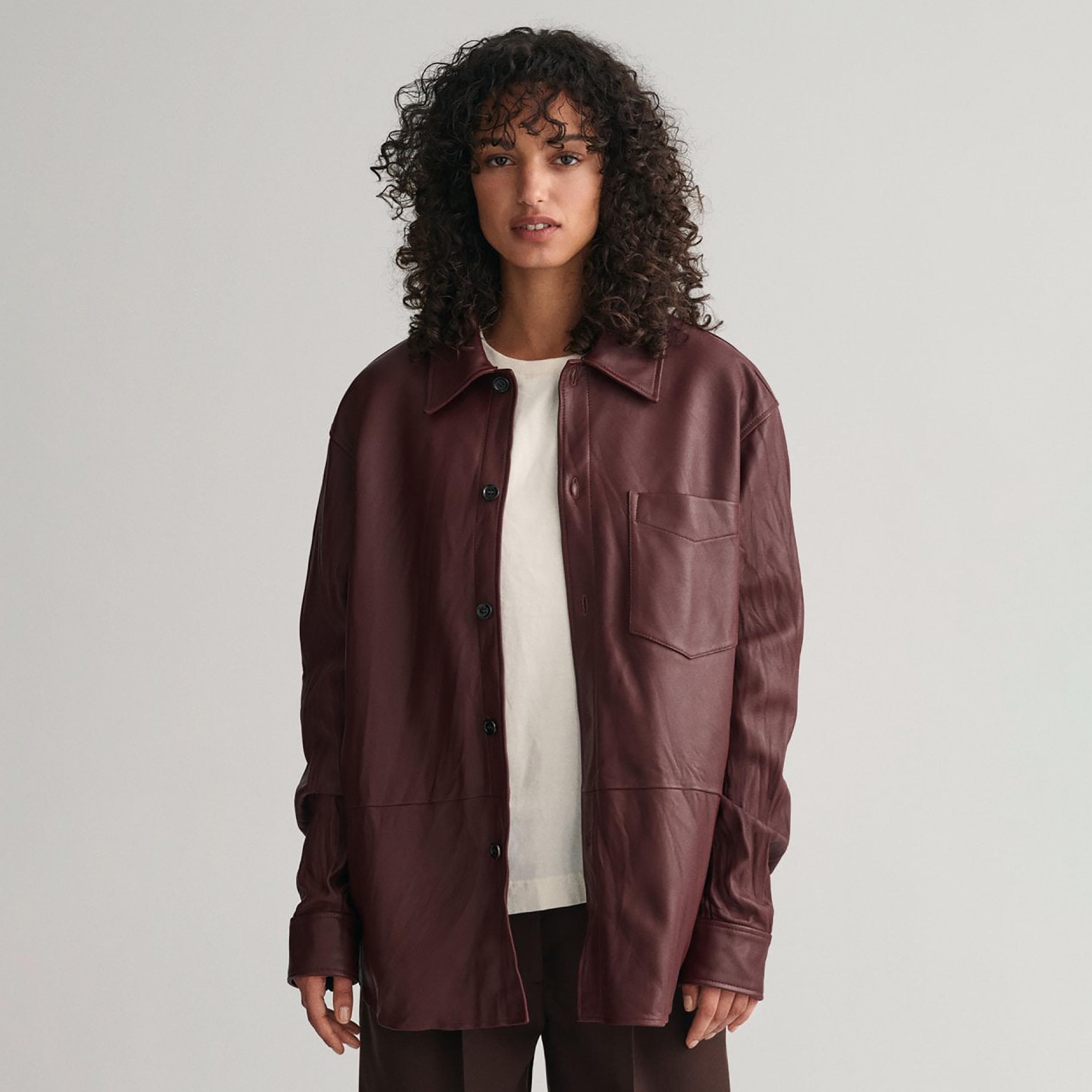 Gant Plain Collared Long Sleeves Leather Shirt with Patch Pocket-women-clothing-shirtsandblouses-shirts-image-1