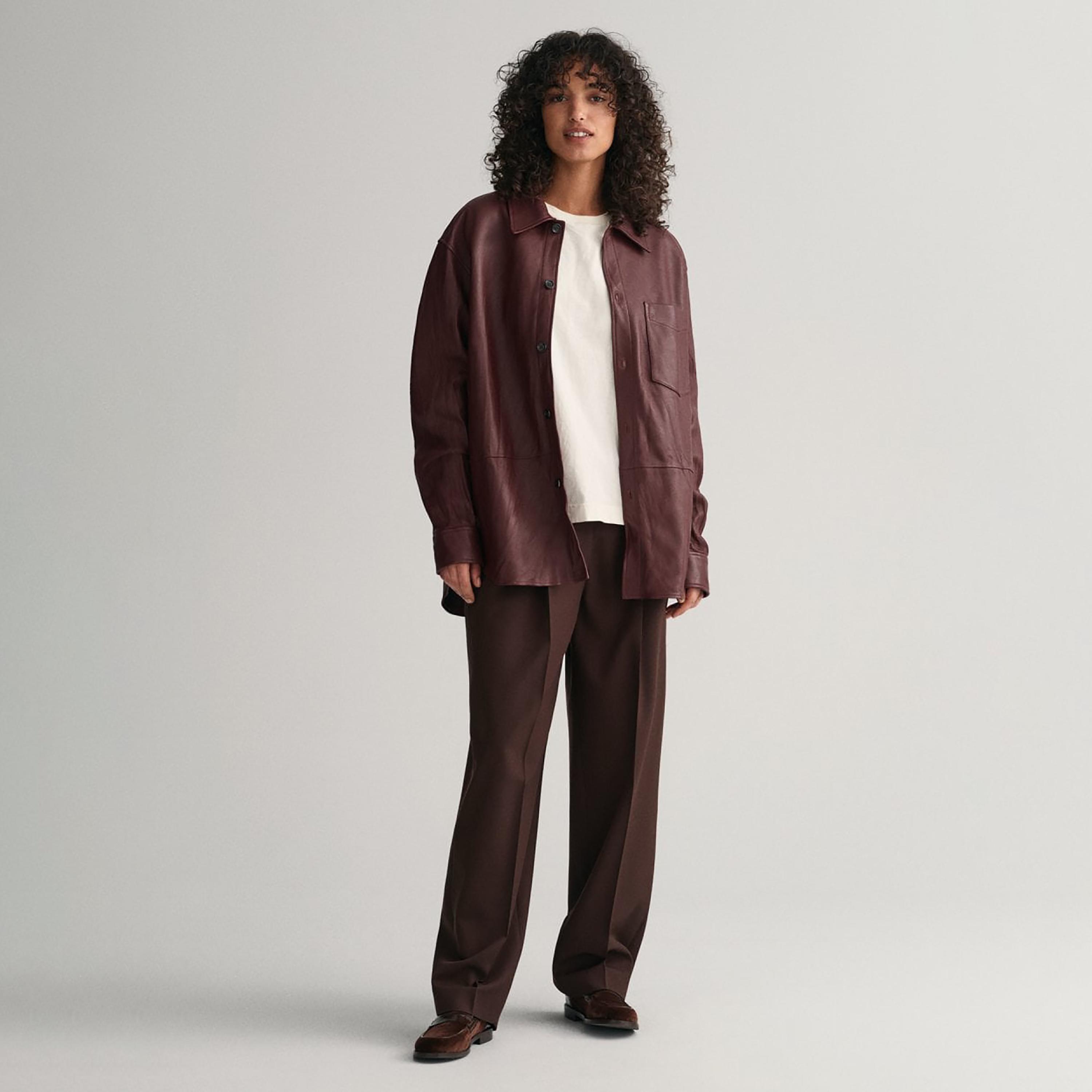 Gant Plain Collared Long Sleeves Leather Shirt with Patch Pocket-women-clothing-shirtsandblouses-shirts-image-2