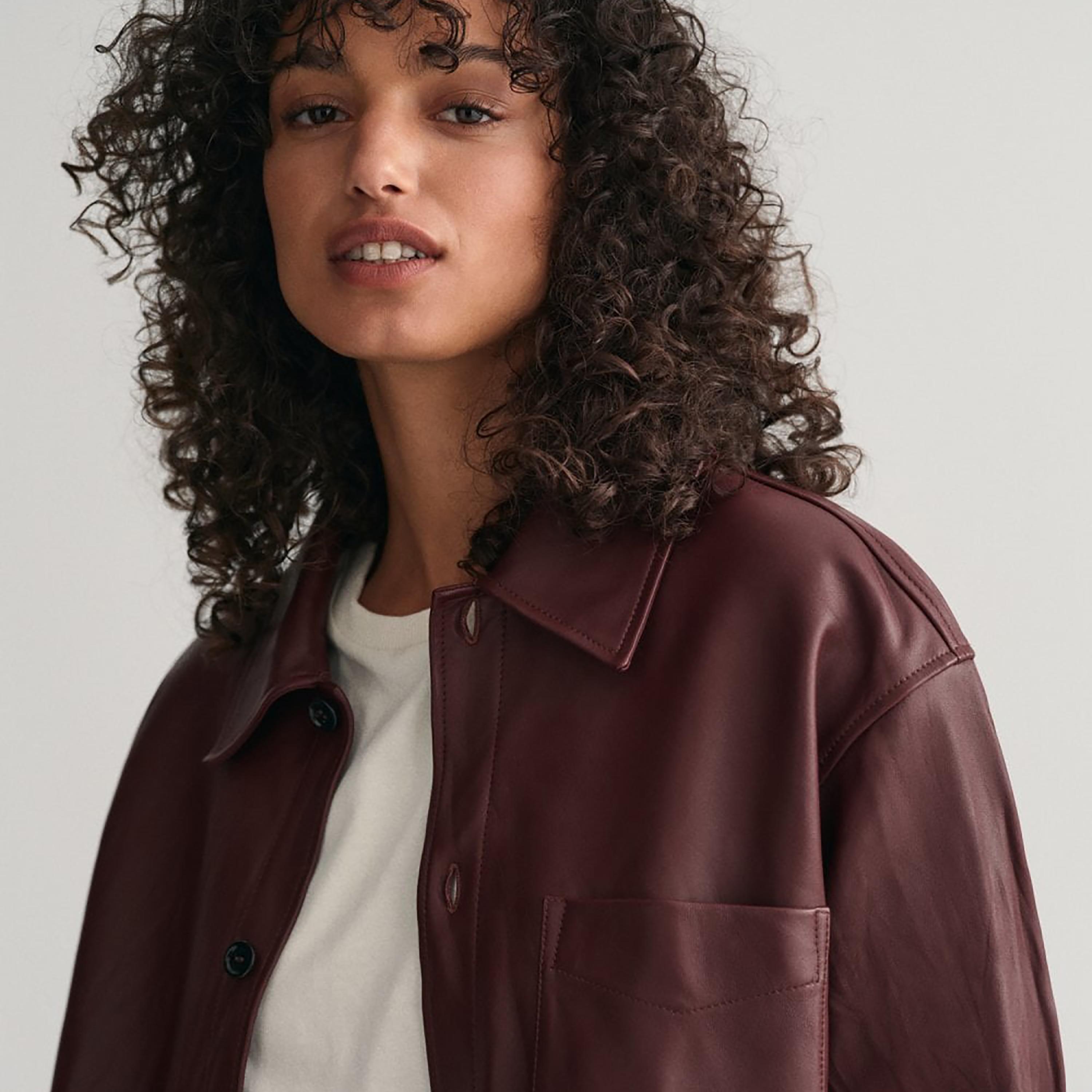 Gant Plain Collared Long Sleeves Leather Shirt with Patch Pocket-women-clothing-shirtsandblouses-shirts-image-3