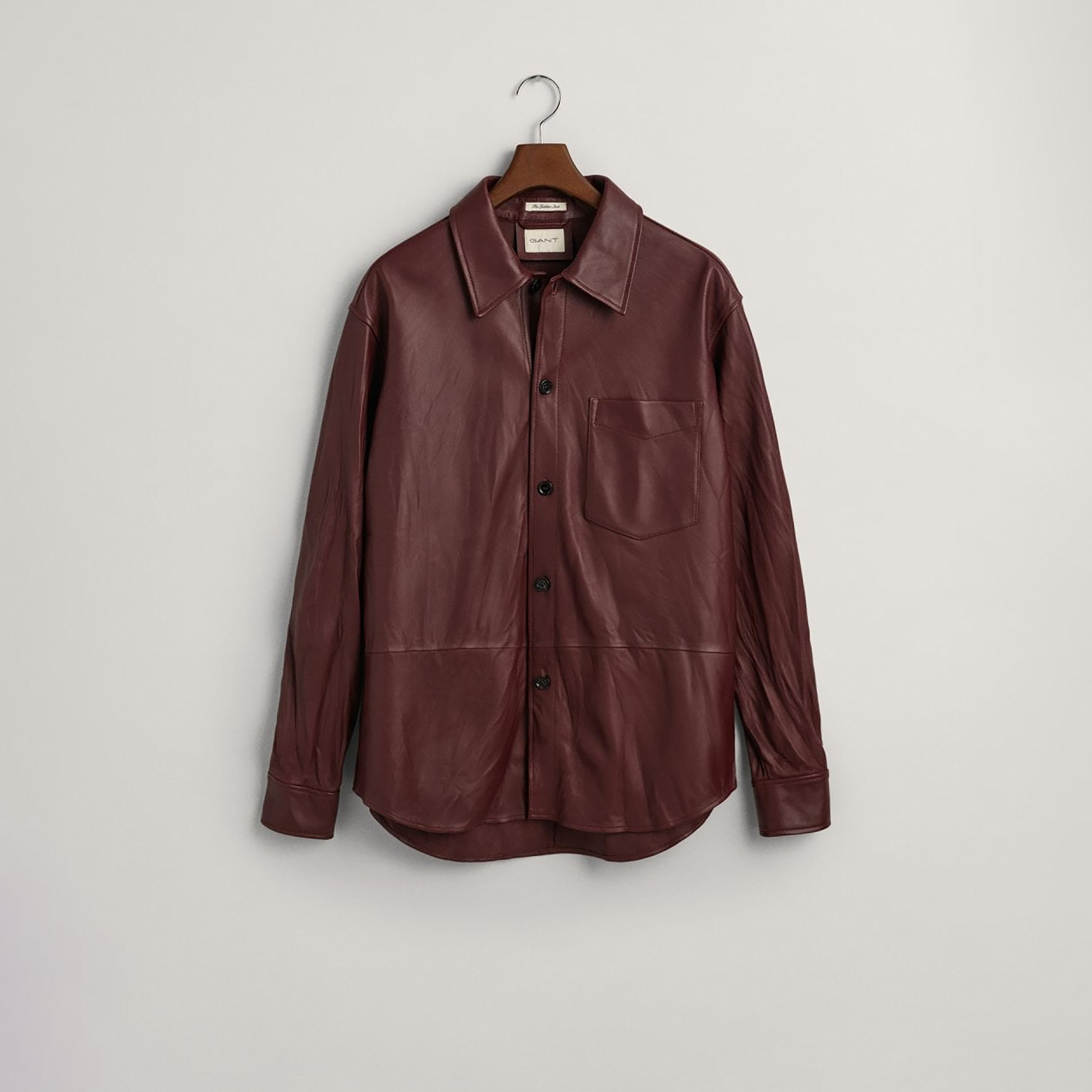 Gant Plain Collared Long Sleeves Leather Shirt with Patch Pocket-women-clothing-shirtsandblouses-shirts-image-4