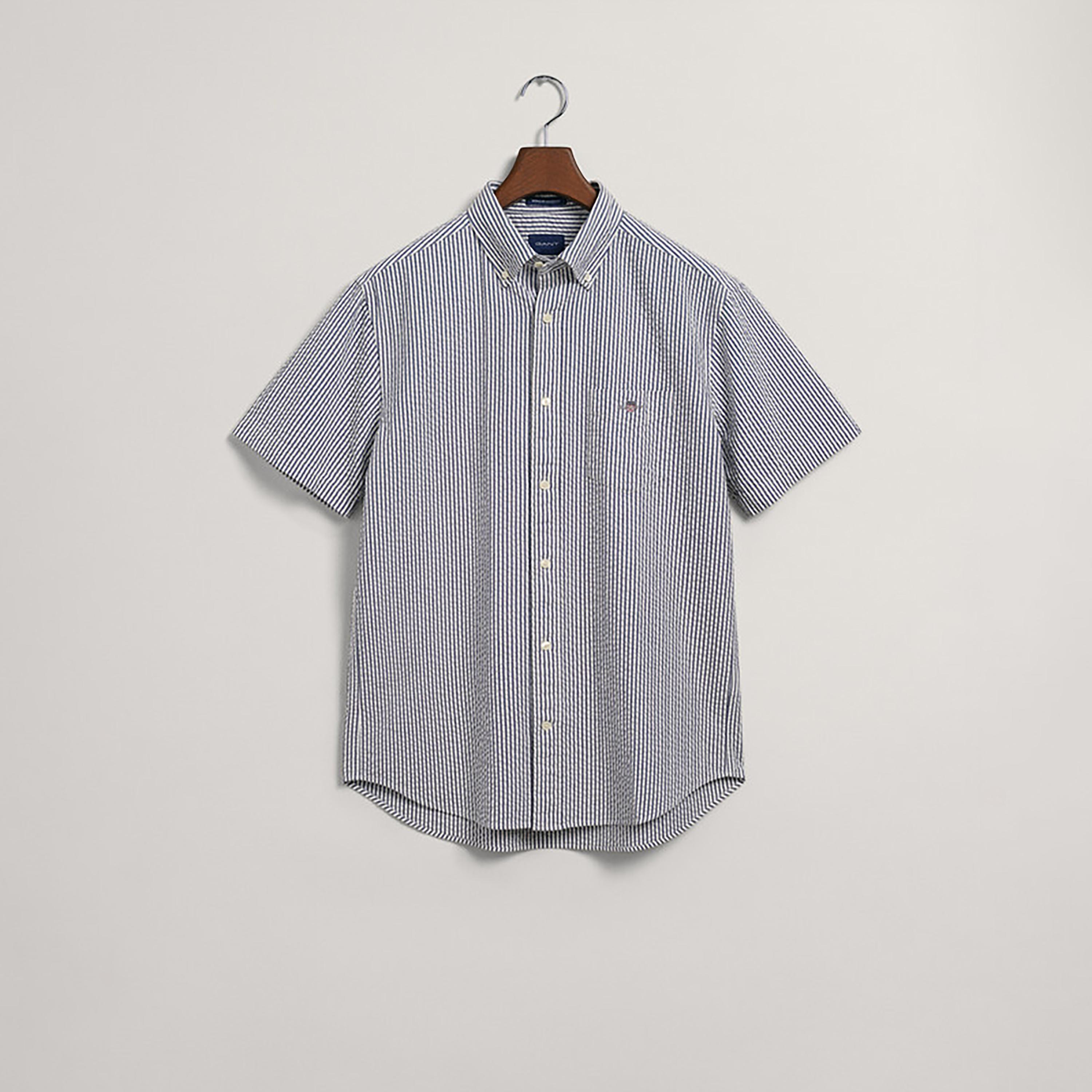 Gant Striped Button Down Collar Short Sleeves Shirt with Patch Pocket-men-clothing-shirts-image-1