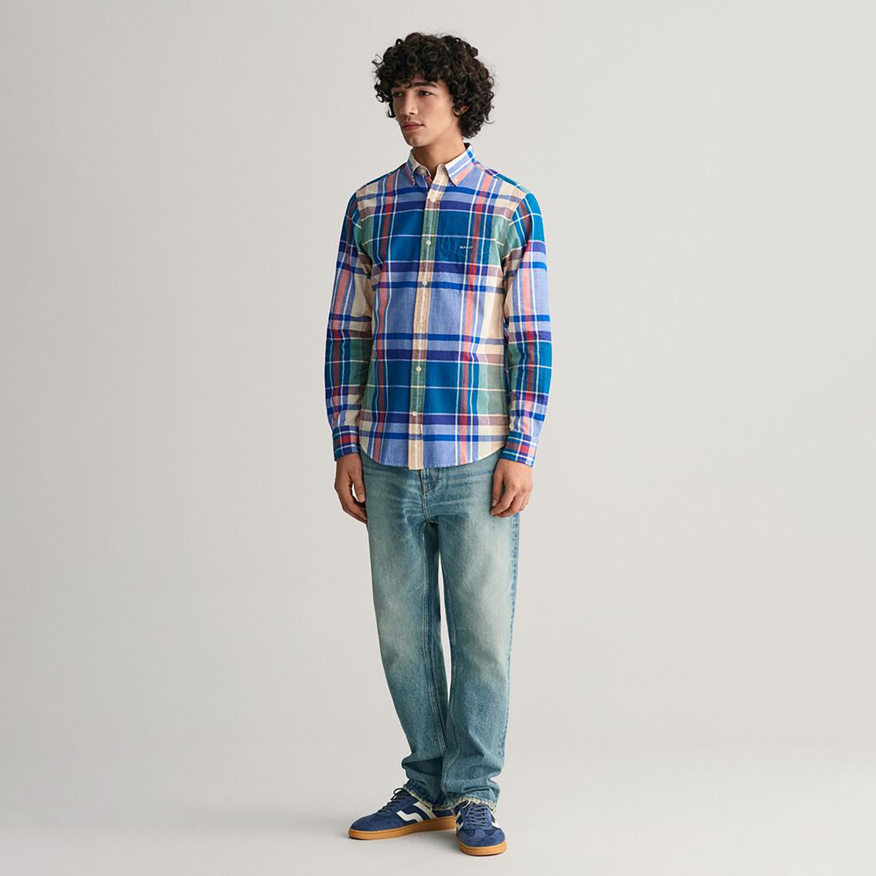 Gant Checked Button Down Collar Long Sleeves Indigo Madras Shirt-men-clothing-shirts-image-2