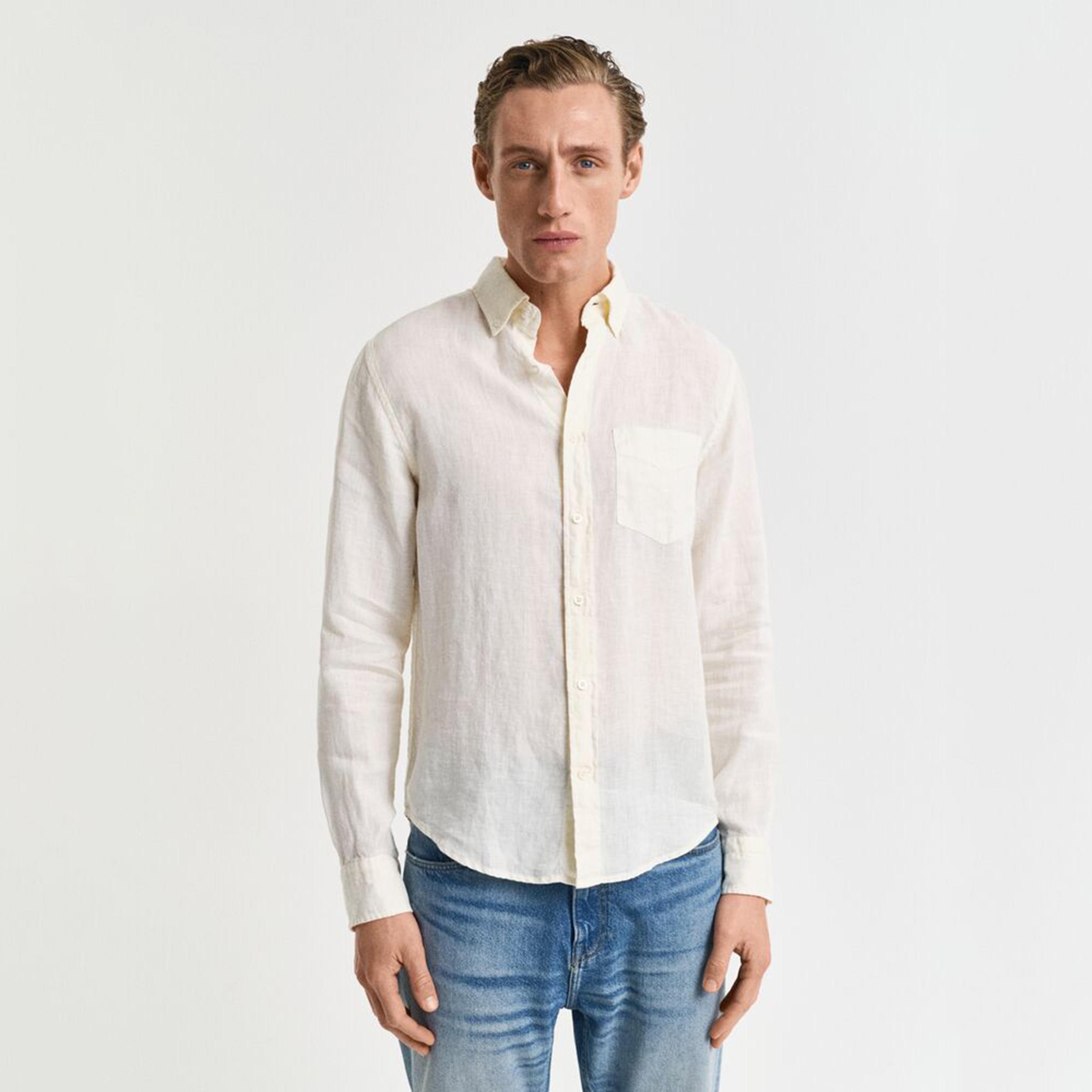قميص رجالي من الكتان السادة بقصة عادية وياقة وأزرار وأكمام طويلة من جانت-men-clothing-shirts-image-1