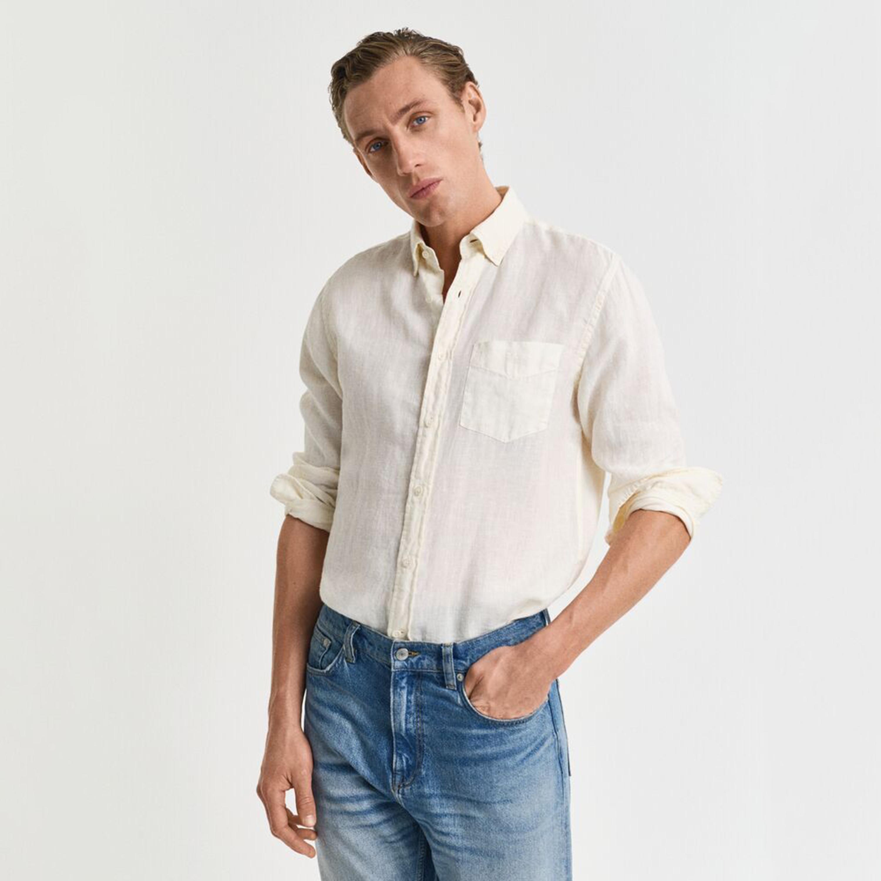 قميص رجالي من الكتان السادة بقصة عادية وياقة وأزرار وأكمام طويلة من جانت-men-clothing-shirts-image-2