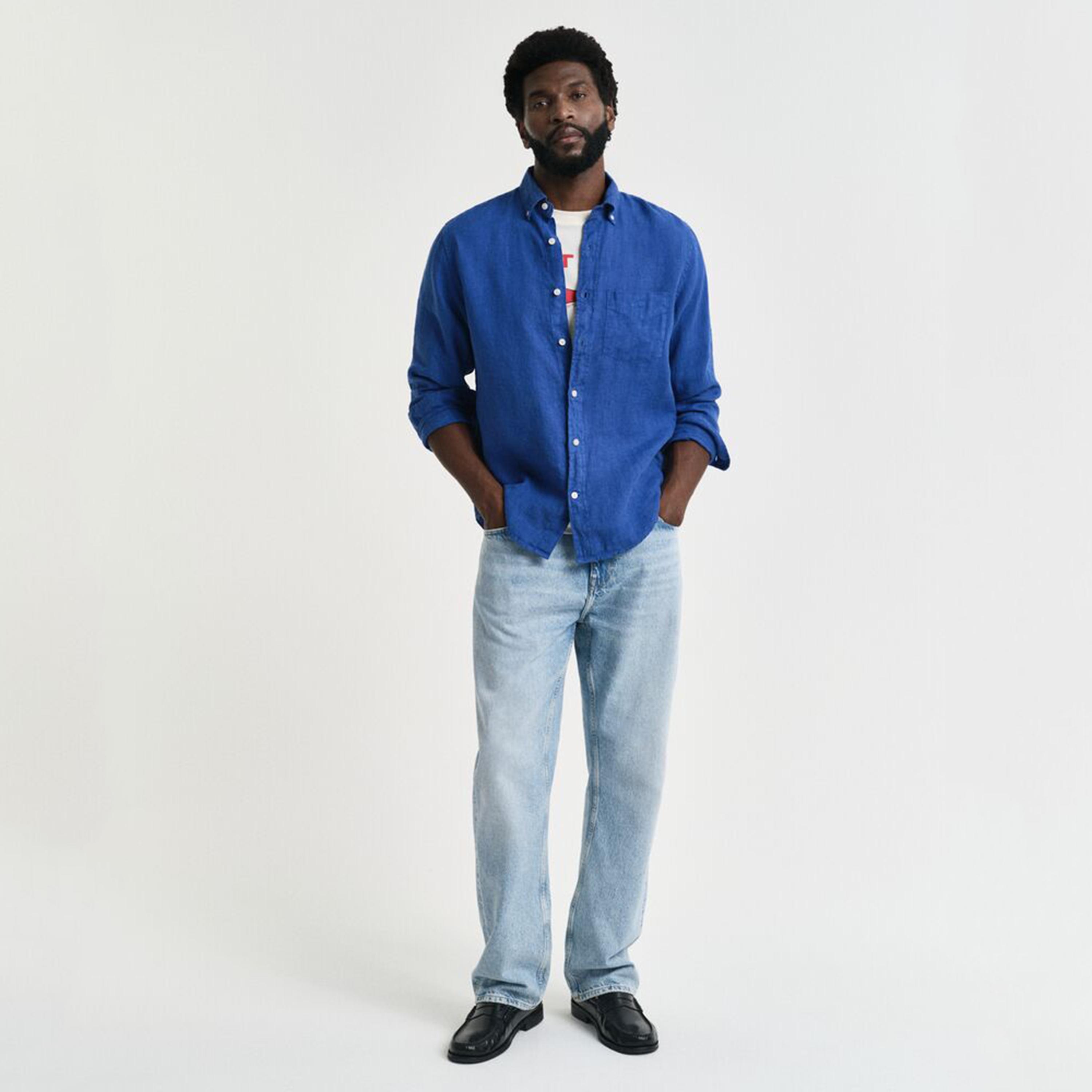 قميص رجالي من الكتان السادة بقصة عادية وياقة وأزرار وأكمام طويلة من جانت-men-clothing-shirts-image-7