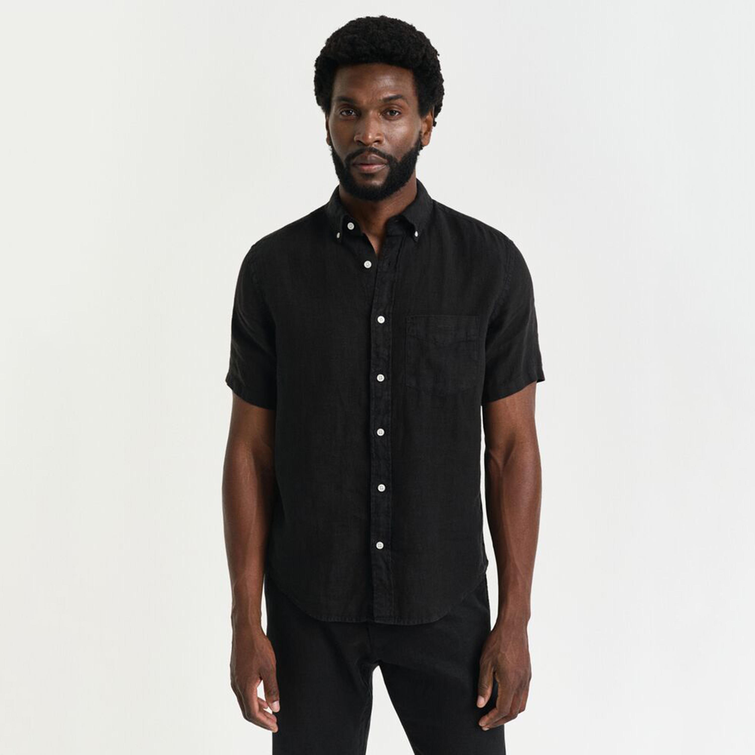 قميص رجالي من الكتان السادة بقصة عادية وياقة وأزرار وأكمام قصيرة من جانت-men-clothing-shirts-image-1