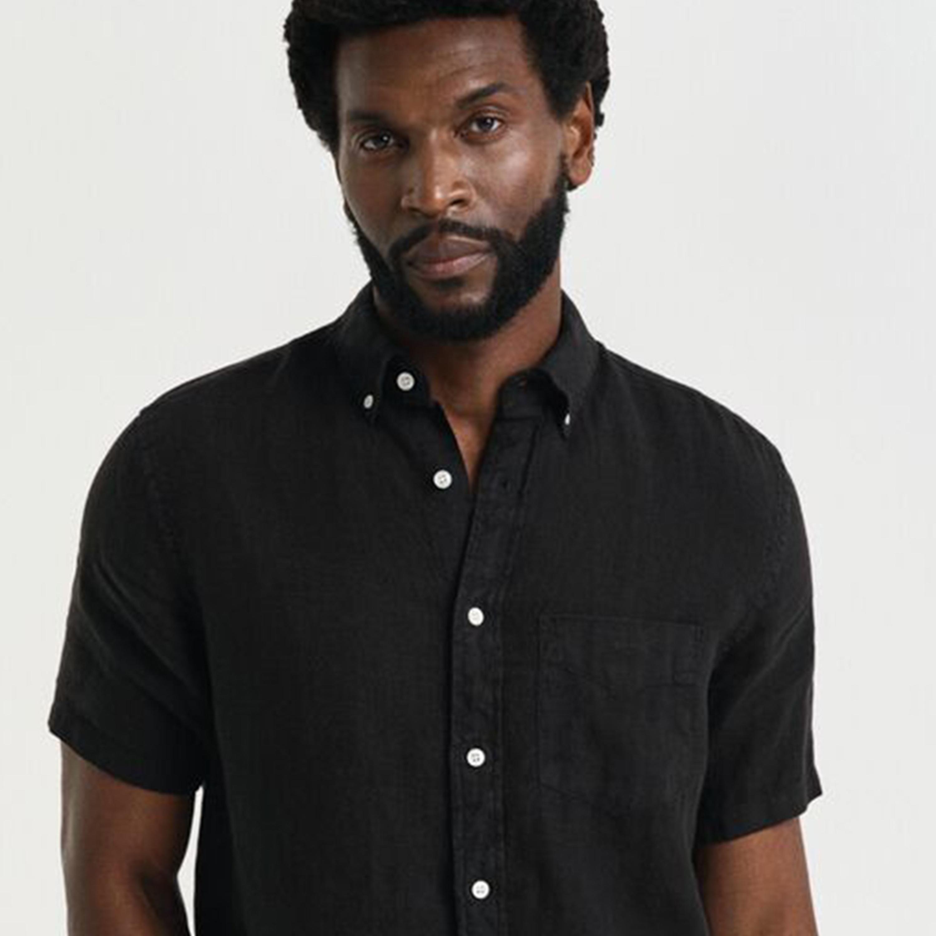 قميص رجالي من الكتان السادة بقصة عادية وياقة وأزرار وأكمام قصيرة من جانت-men-clothing-shirts-image-2