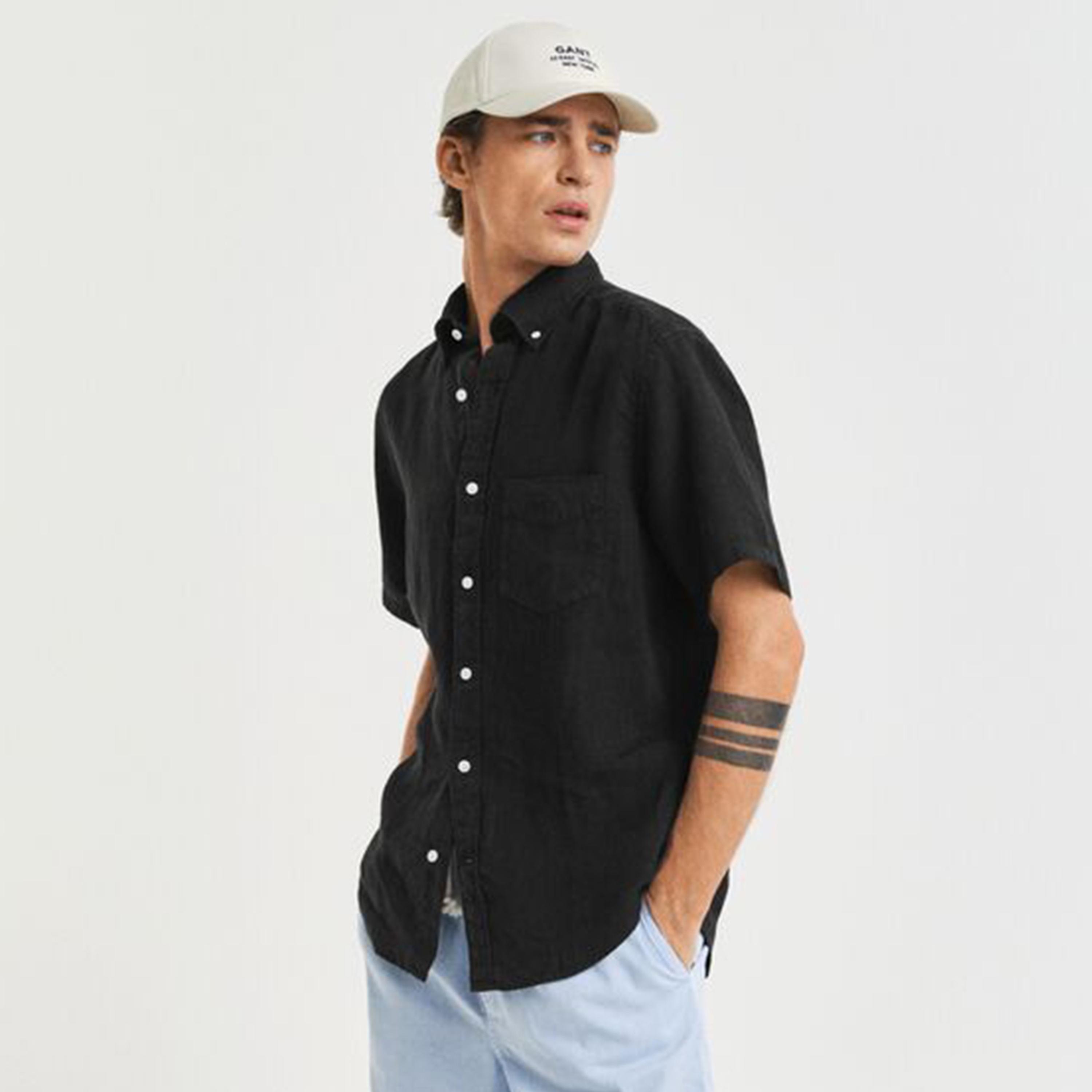 Gant Regular Fit Plain Button-Down Collar Short Sleeves Men's Linen Shirt-men-clothing-shirts-image-1