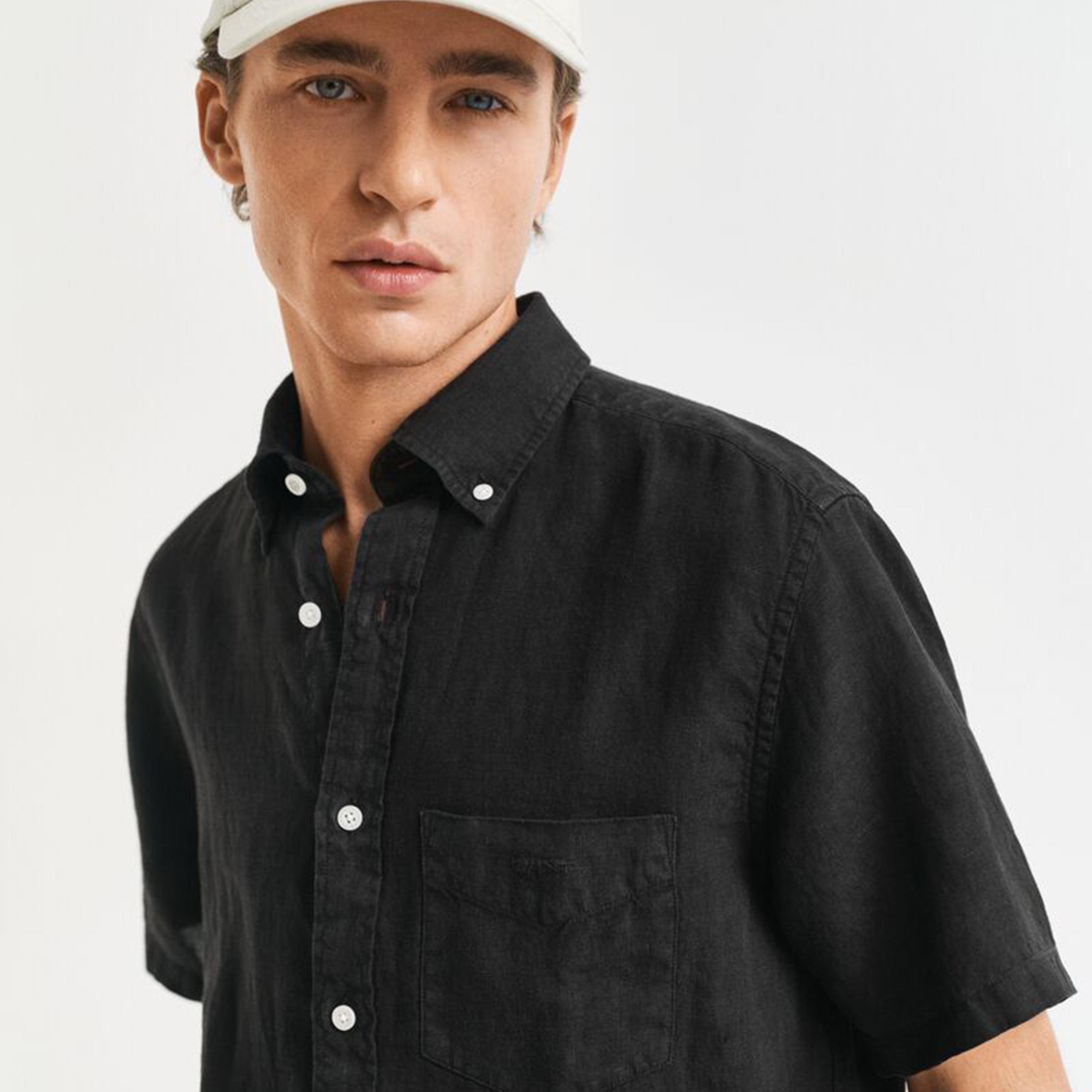 Gant Regular Fit Plain Button-Down Collar Short Sleeves Men's Linen Shirt-men-clothing-shirts-image-2