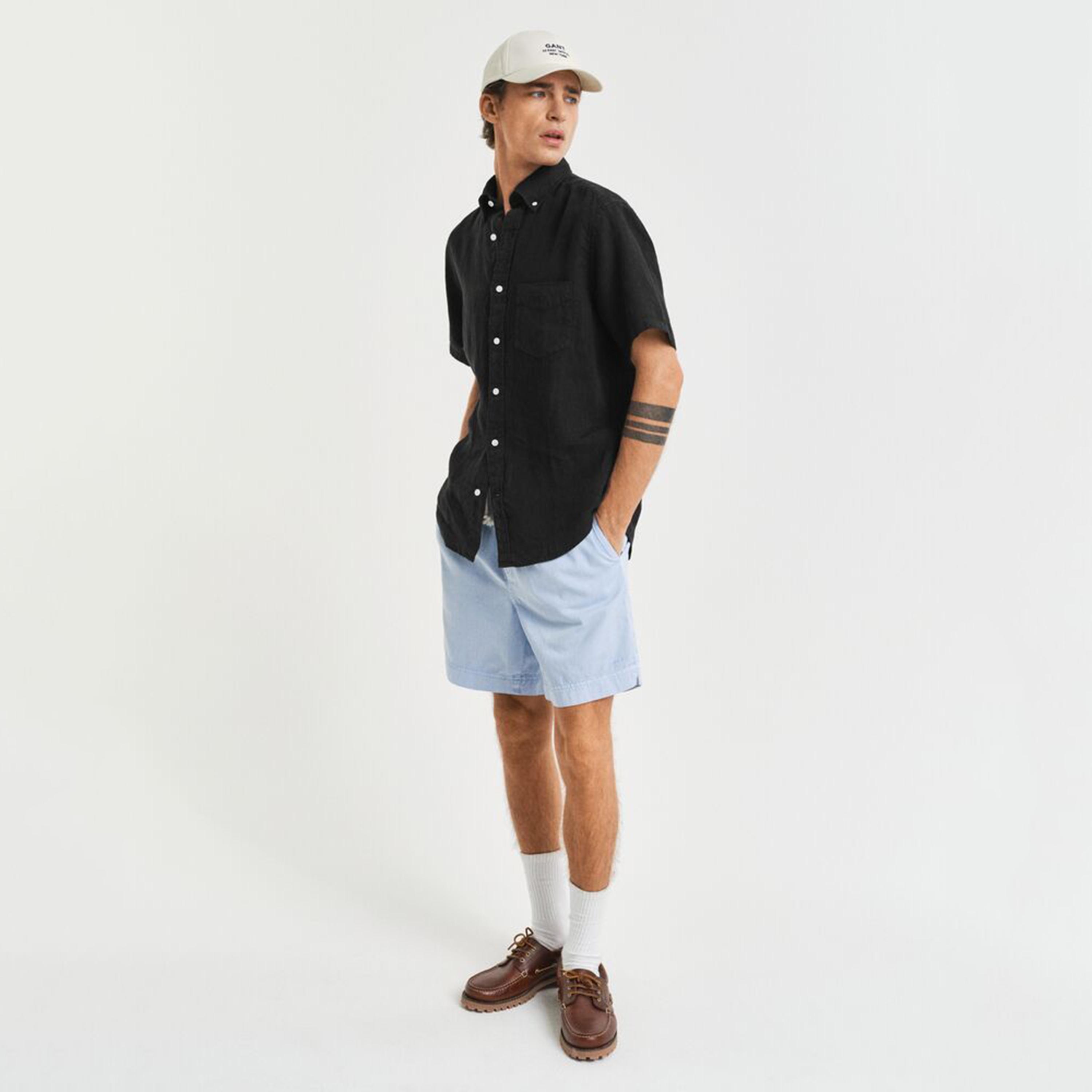 Gant Regular Fit Plain Button-Down Collar Short Sleeves Men's Linen Shirt-men-clothing-shirts-image-3