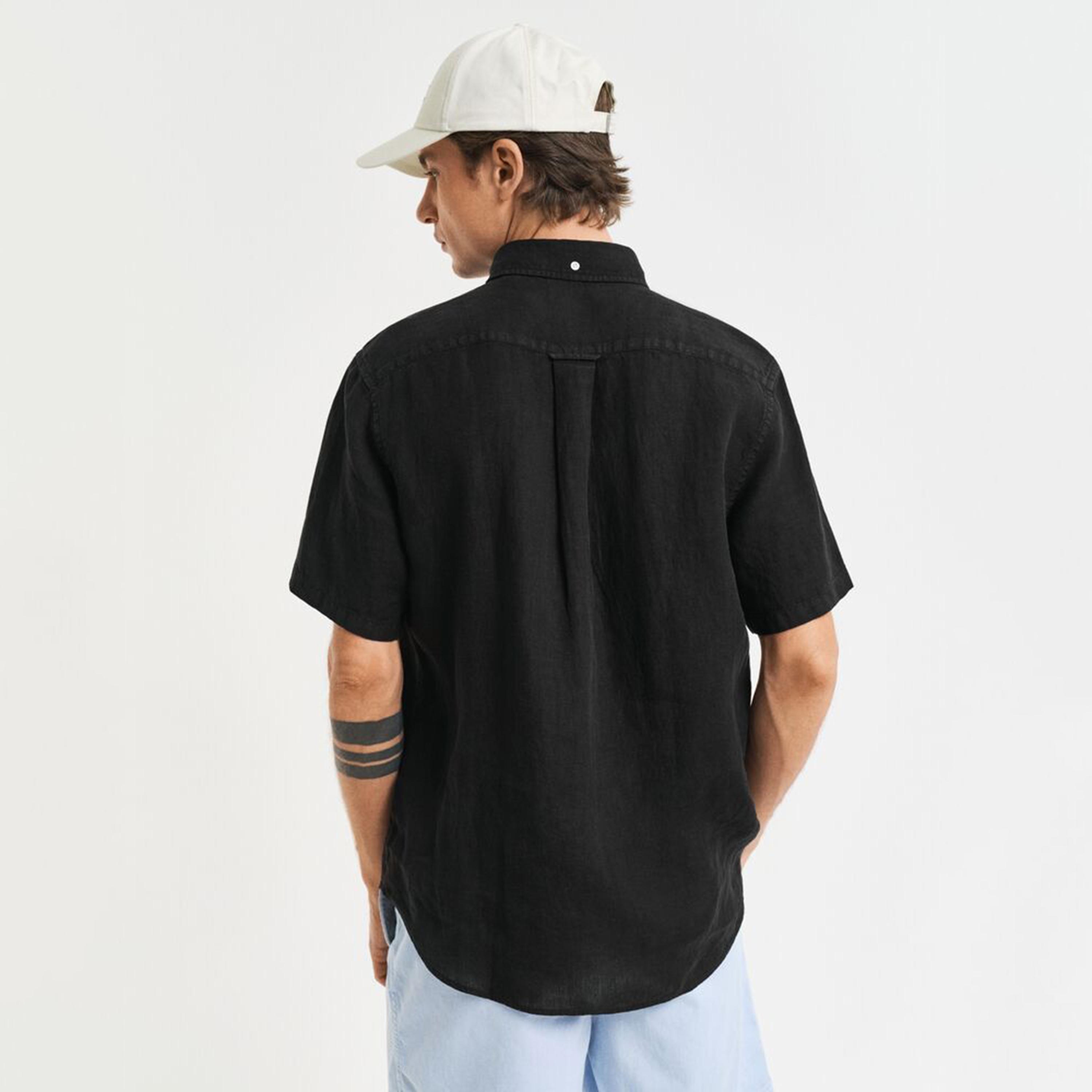 Gant Regular Fit Plain Button-Down Collar Short Sleeves Men's Linen Shirt-men-clothing-shirts-image-4