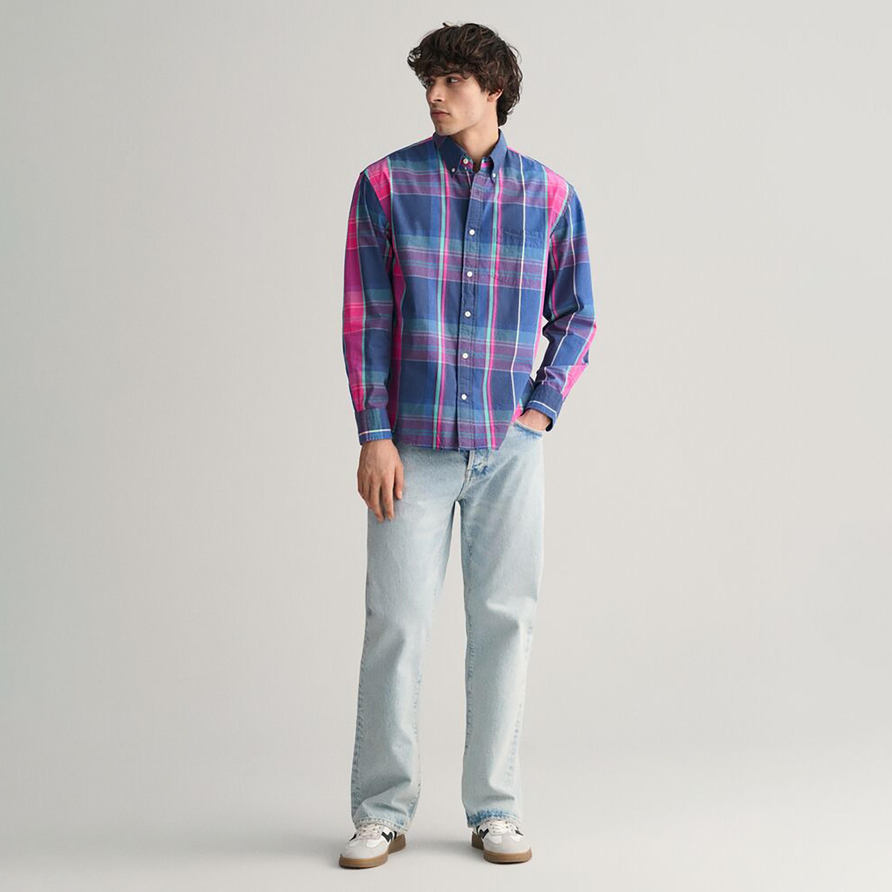 قميص رجالي بأكمام طويلة وياقة بأزرار سفلية ومقاس مريح من قماش الترتان من Gant-men-clothing-shirts-image-3