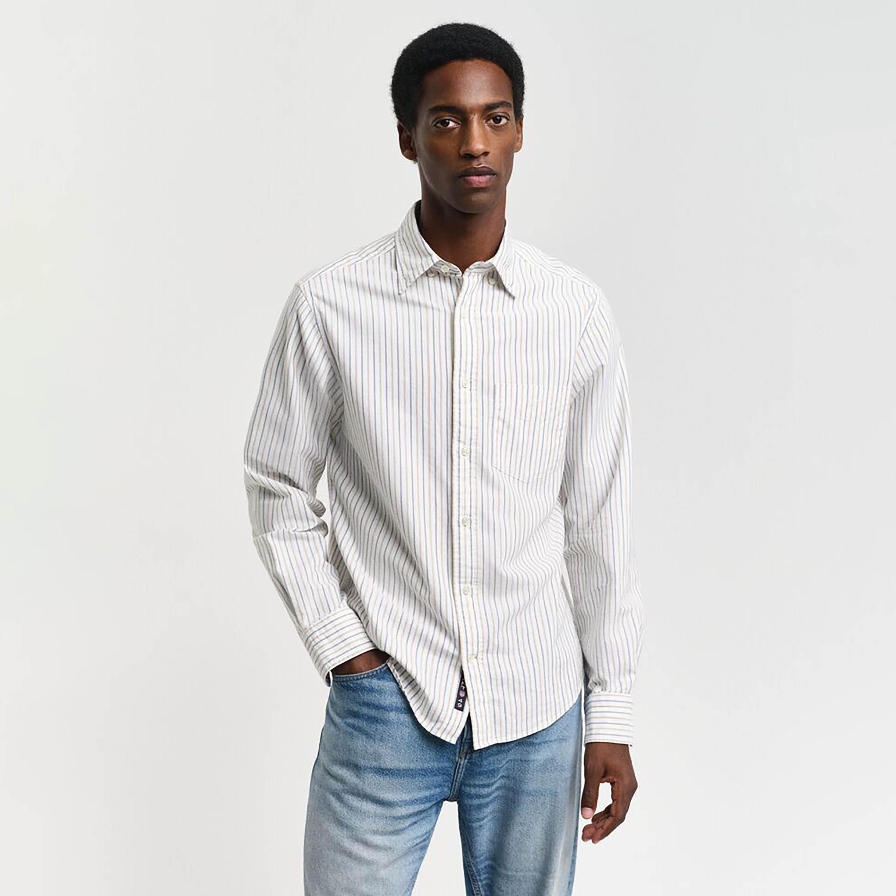 قميص رجالي مخطط بقصة عادية وأكمام طويلة وياقة بأزرار سفلية من Gant-men-clothing-shirts-image-1