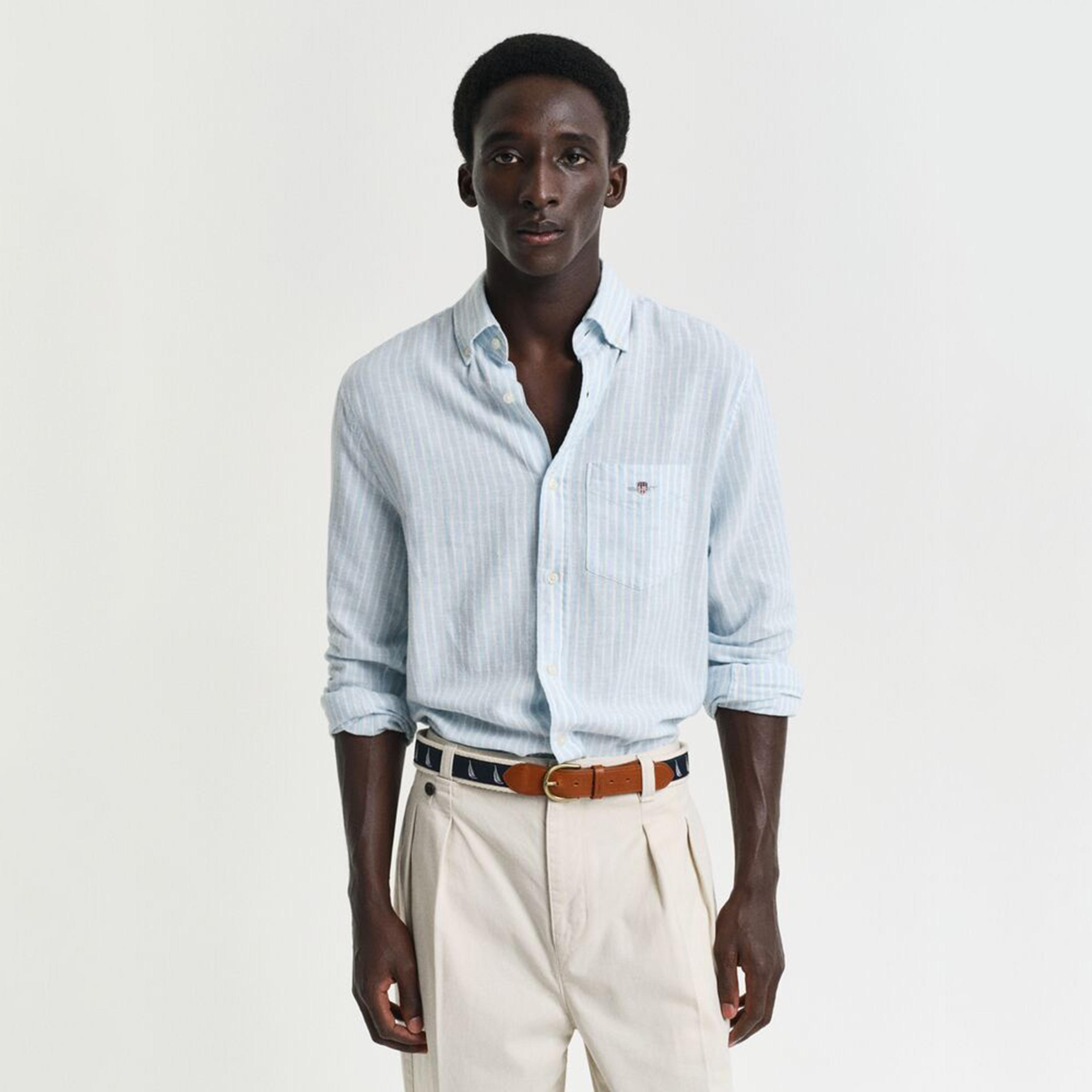 قميص رجالي مخطط من مزيج الكتان بقصة عادية وياقة وأزرار وأكمام طويلة من جانت-men-clothing-shirts-image-9