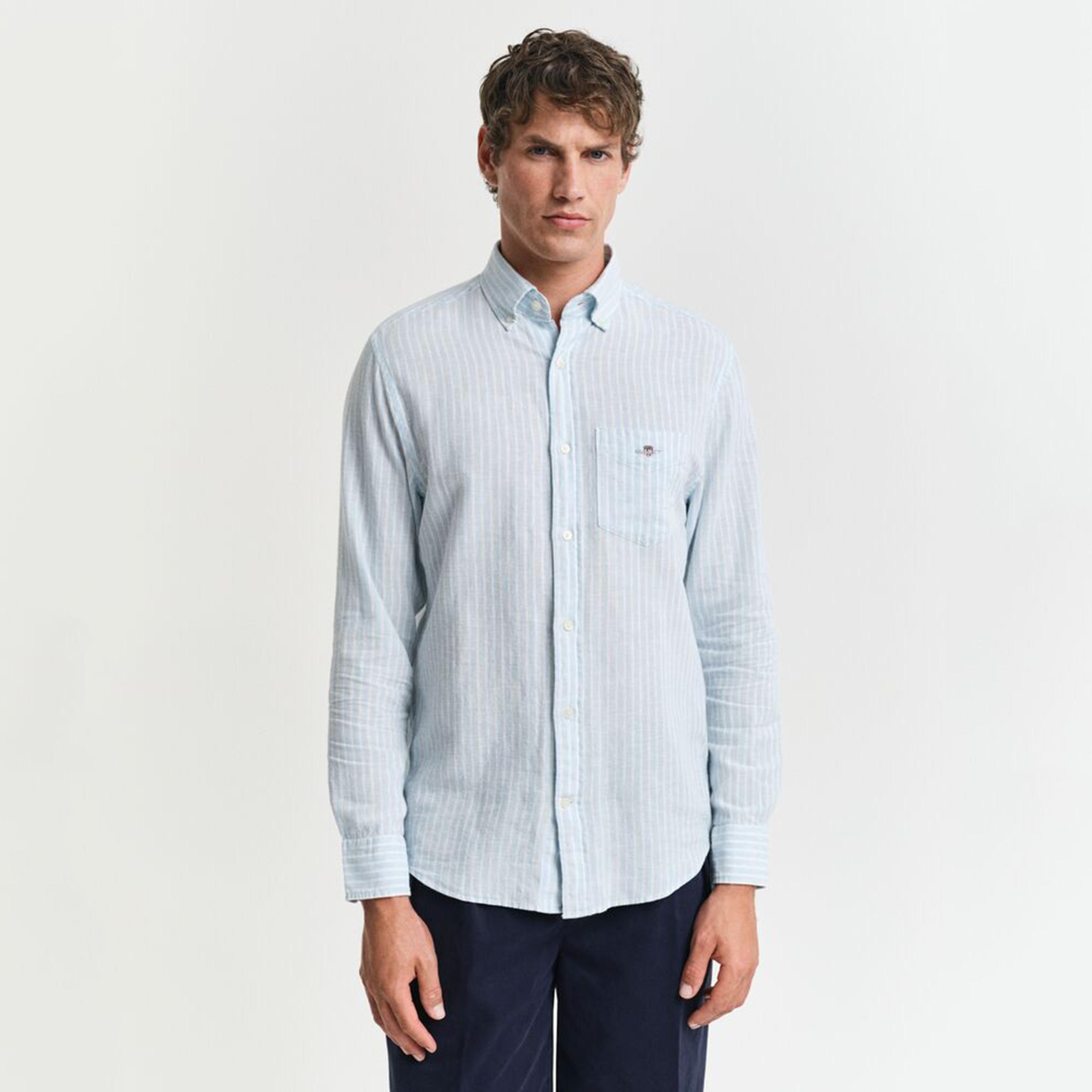 قميص رجالي مخطط من مزيج الكتان بقصة عادية وياقة وأزرار وأكمام طويلة من جانت-men-clothing-shirts-image-12