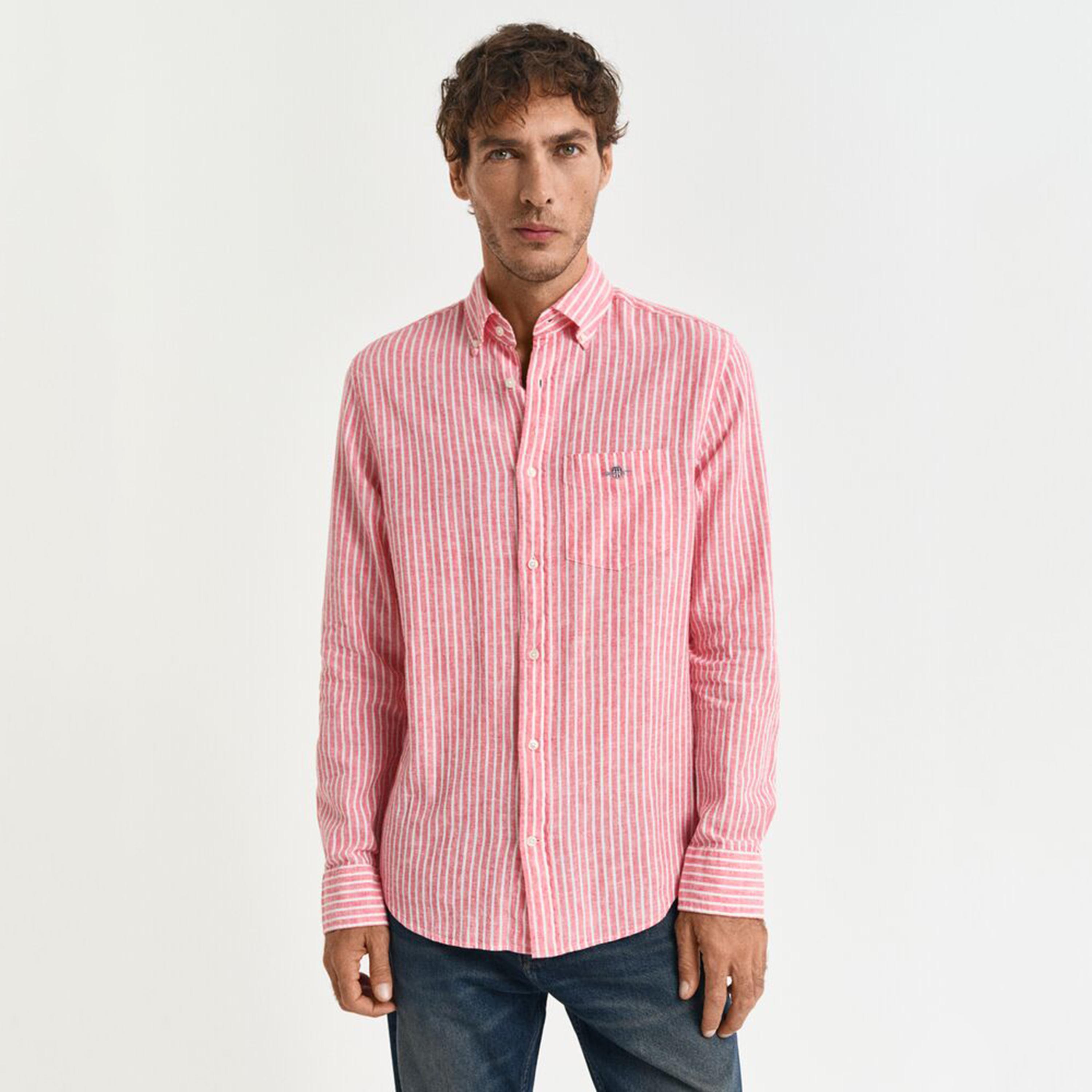 قميص رجالي مخطط من مزيج الكتان بقصة عادية وياقة وأزرار وأكمام طويلة من جانت-men-clothing-shirts-image-1