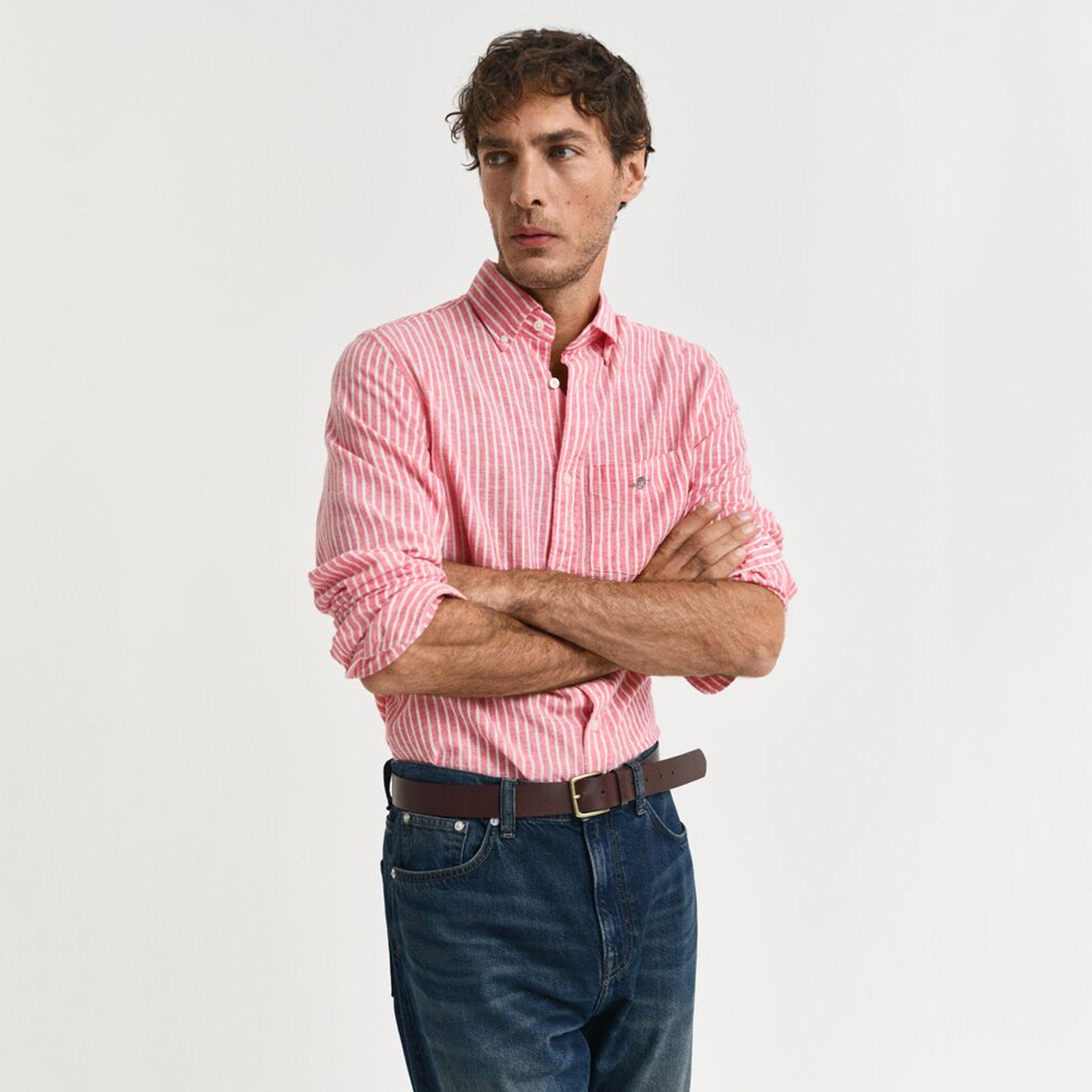 Gant Regular Fit Striped Button-Down Collar Long Sleeves Men's Linen Blend Shirt-men-clothing-shirts-image-4