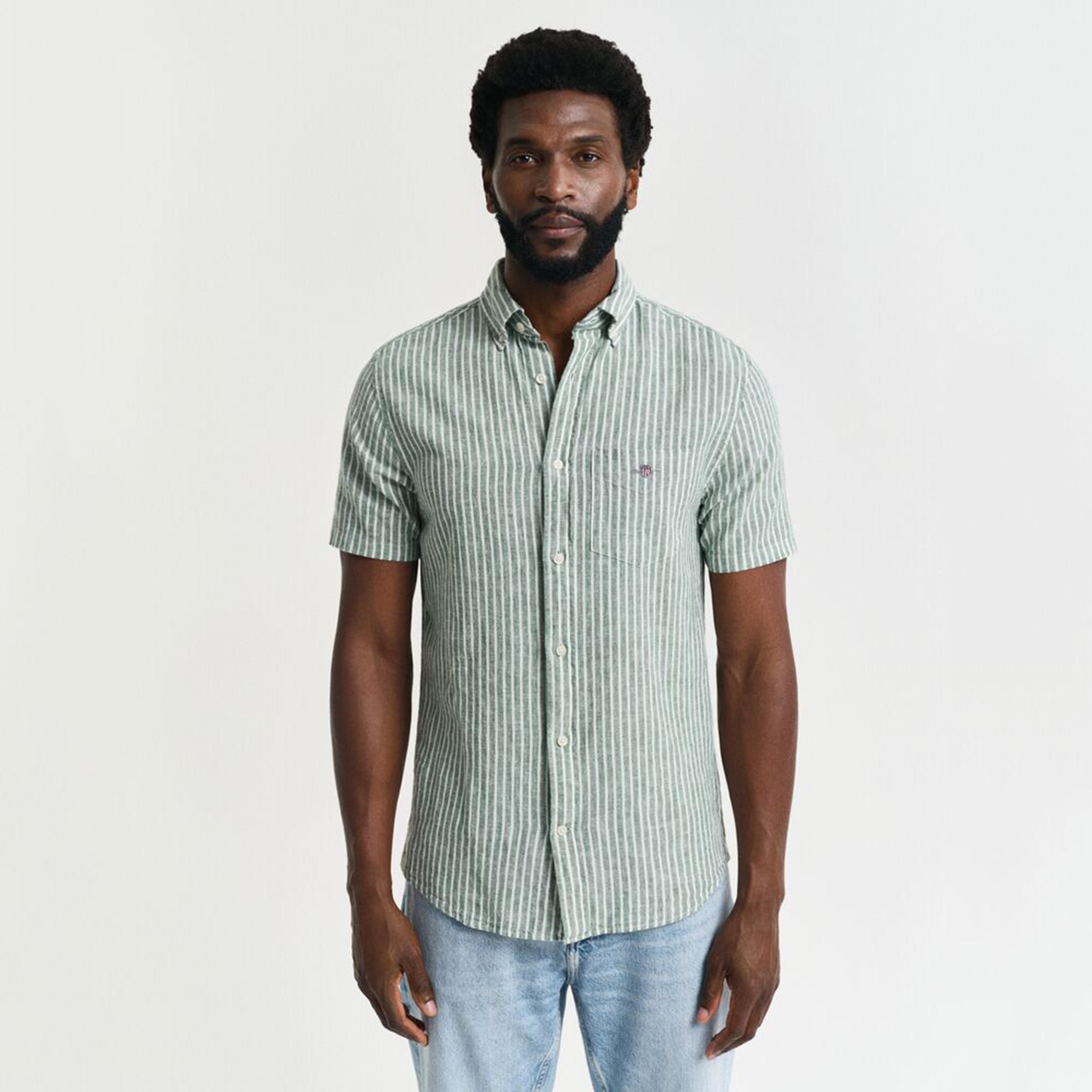 قميص رجالي مخطط من مزيج الكتان بقصة عادية وياقة وأزرار وأكمام قصيرة من جانت-men-clothing-shirts-image-1