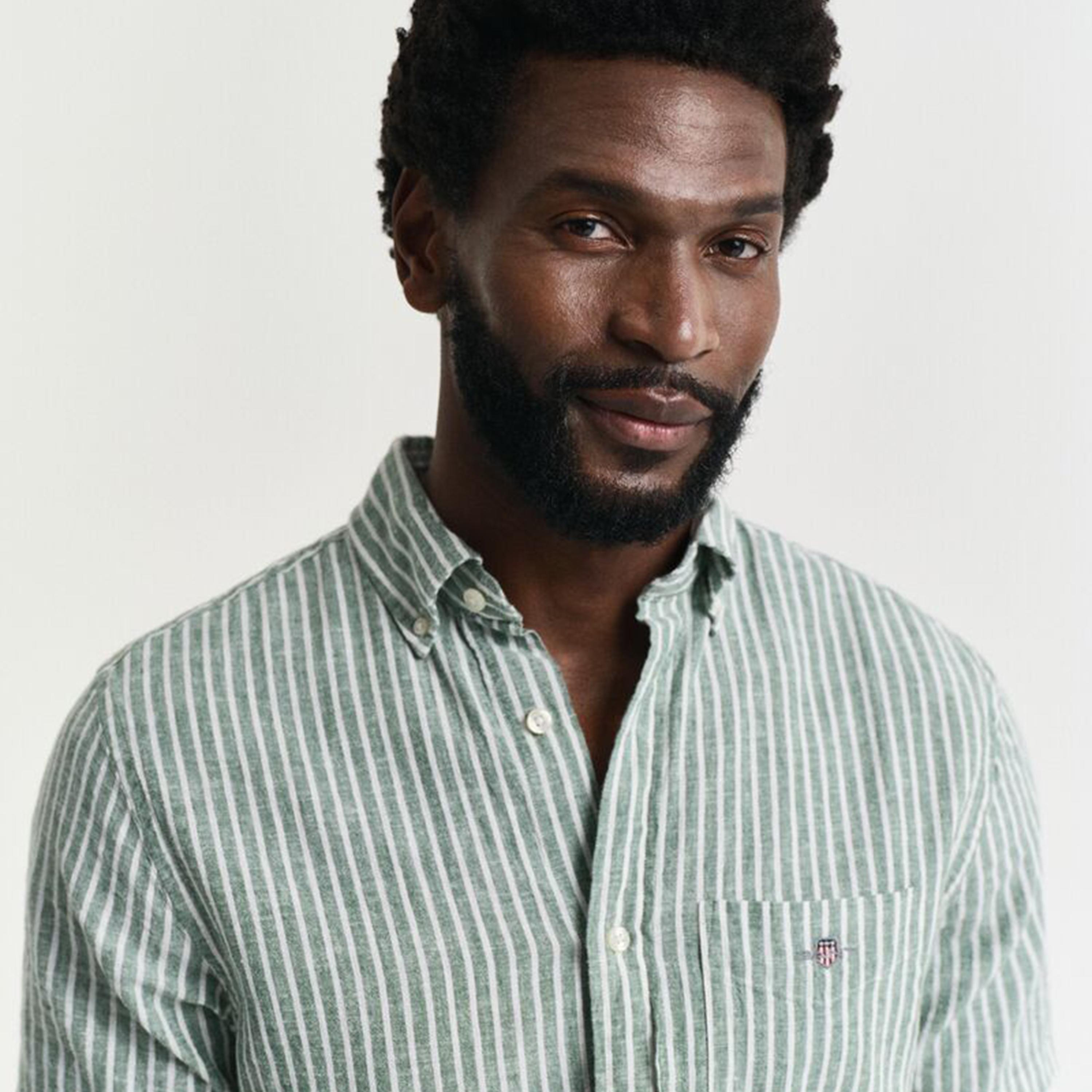 قميص رجالي مخطط من مزيج الكتان بقصة عادية وياقة وأزرار وأكمام قصيرة من جانت-men-clothing-shirts-image-2