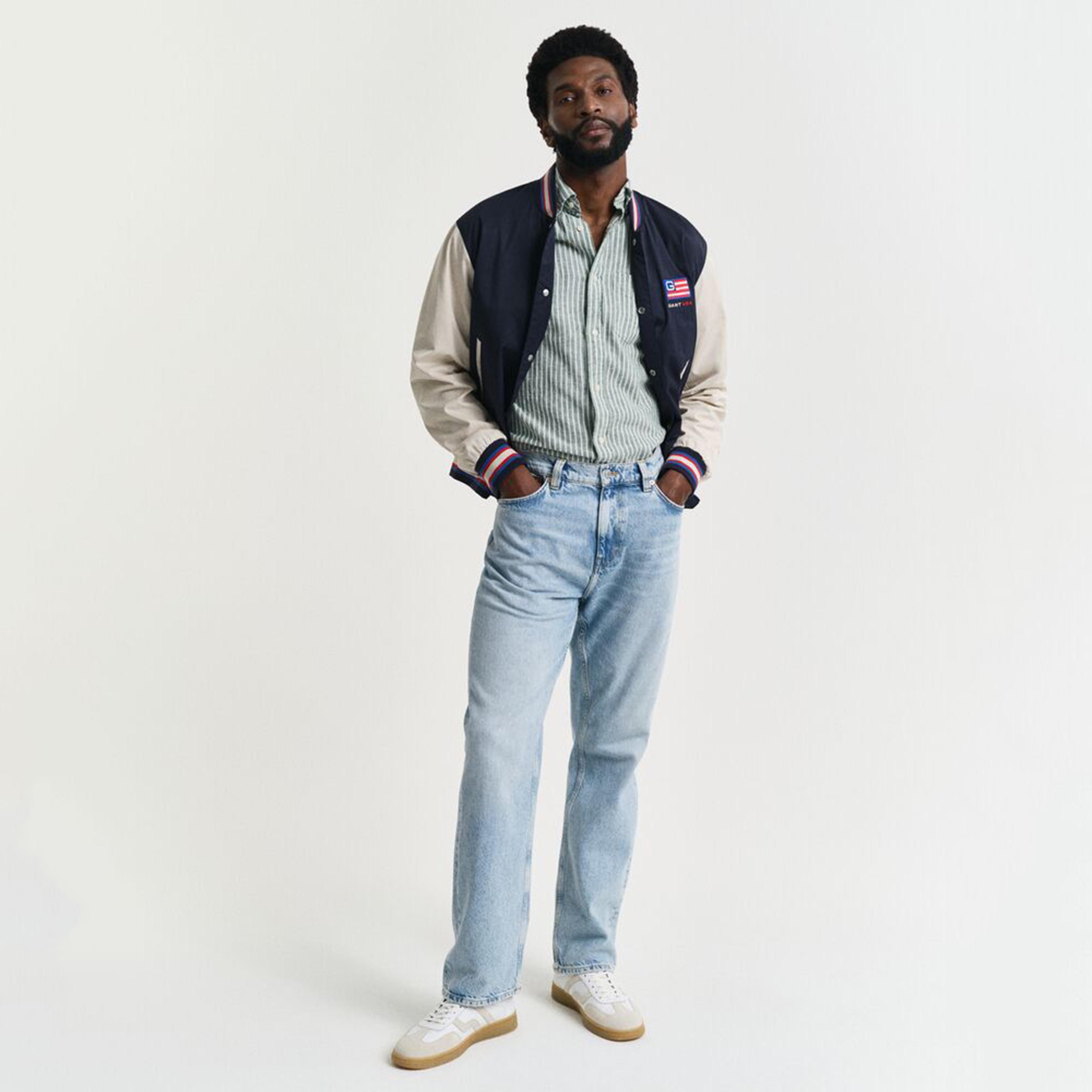 قميص رجالي مخطط من مزيج الكتان بقصة عادية وياقة وأزرار وأكمام قصيرة من جانت-men-clothing-shirts-image-3