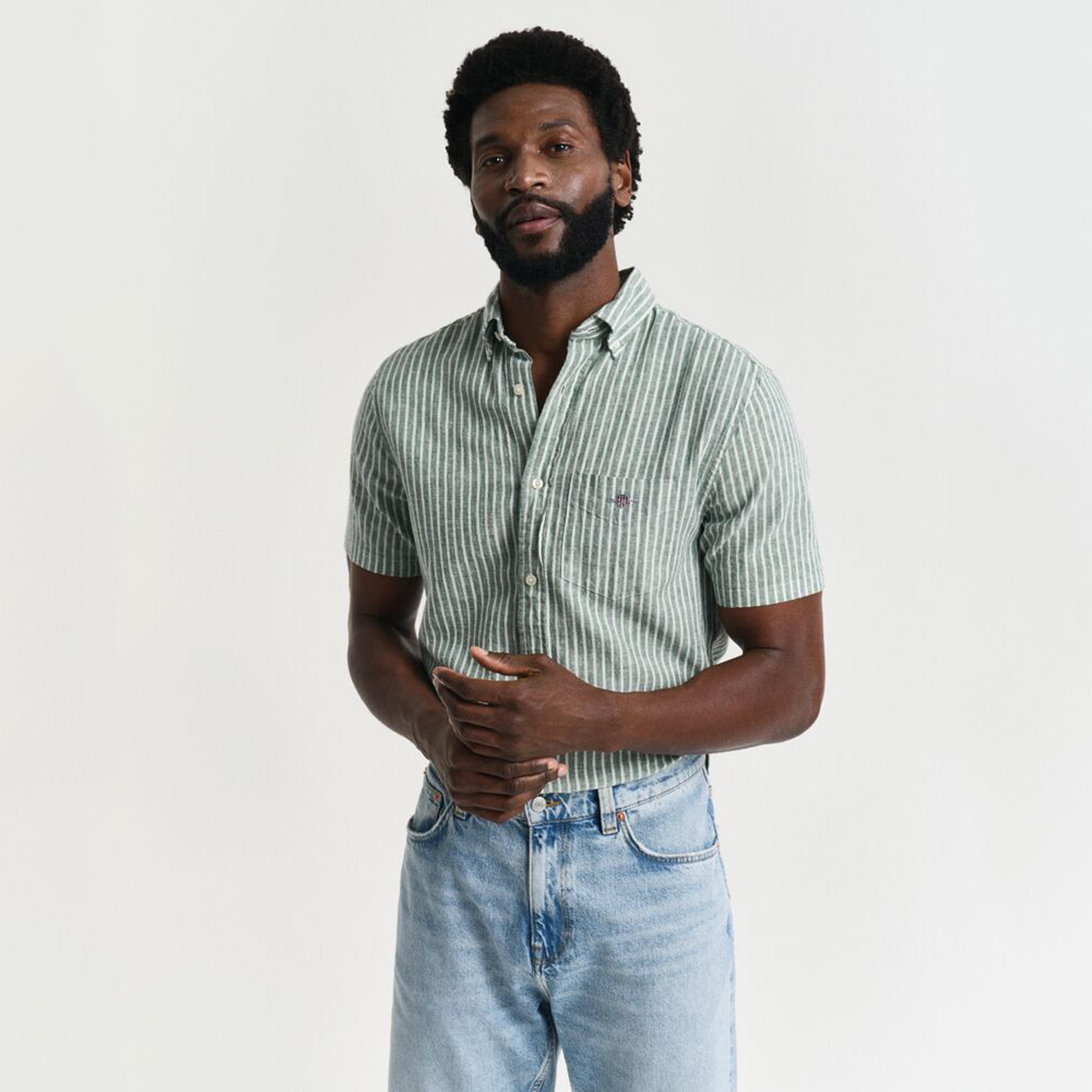 قميص رجالي مخطط من مزيج الكتان بقصة عادية وياقة وأزرار وأكمام قصيرة من جانت-men-clothing-shirts-image-4