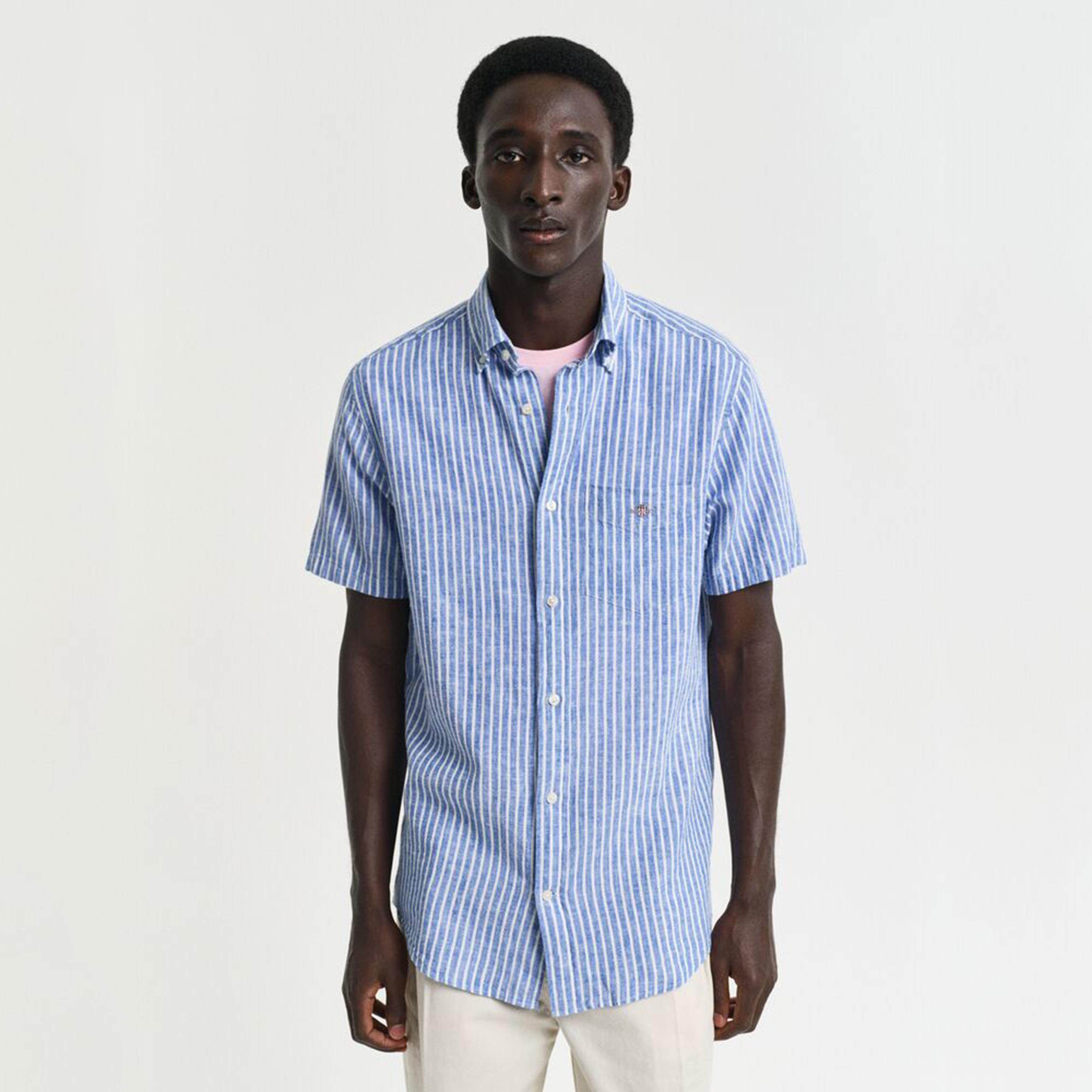 قميص رجالي مخطط من مزيج الكتان بقصة عادية وياقة وأزرار وأكمام قصيرة من جانت-men-clothing-shirts-image-5