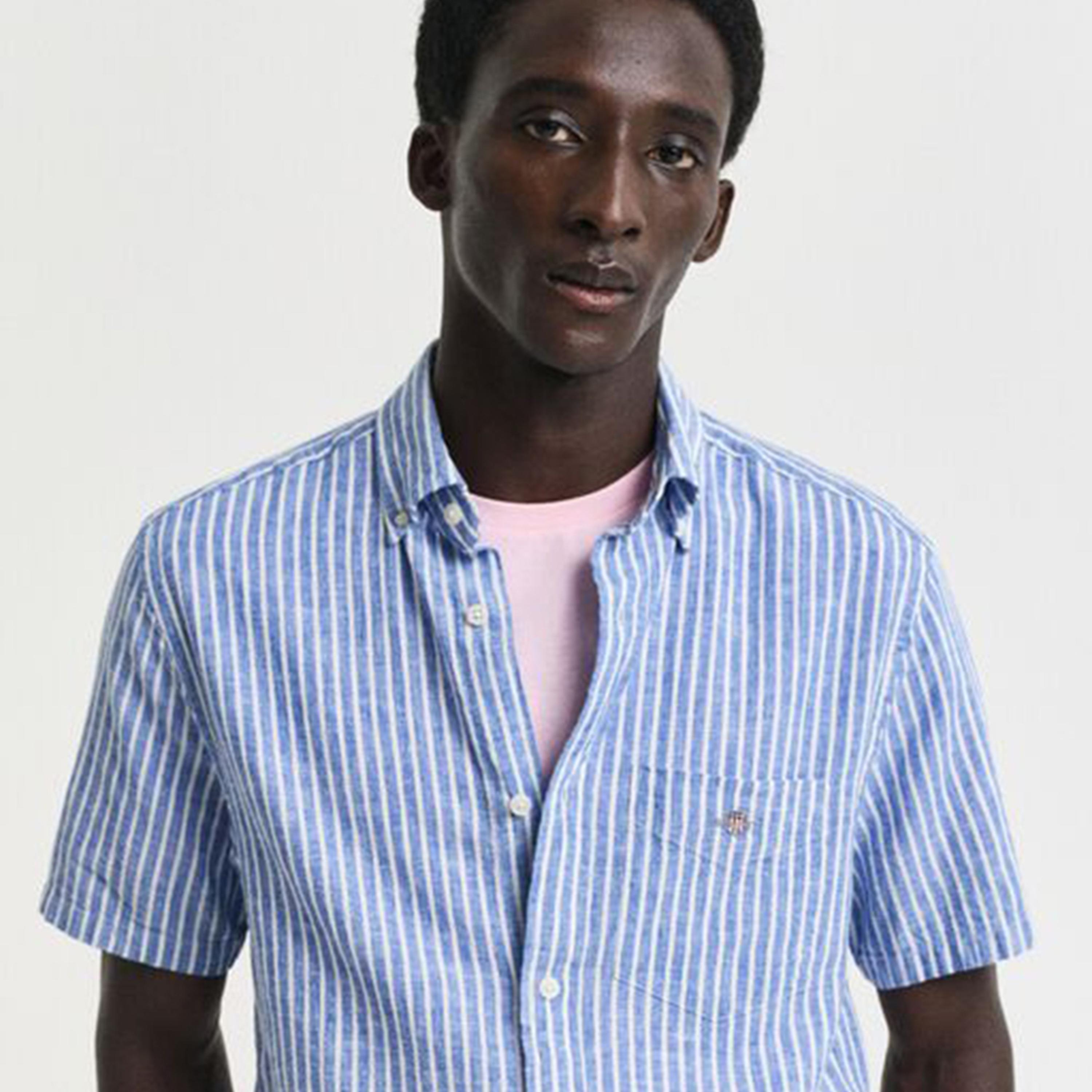 قميص رجالي مخطط من مزيج الكتان بقصة عادية وياقة وأزرار وأكمام قصيرة من جانت-men-clothing-shirts-image-6