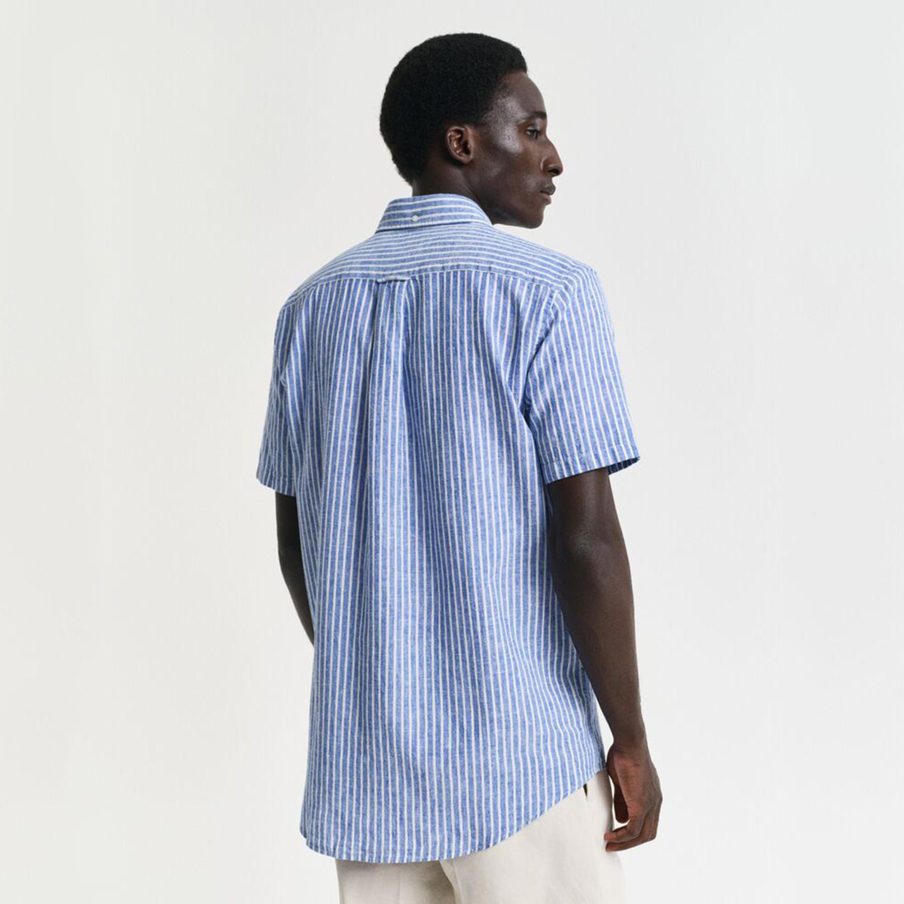 قميص رجالي مخطط من مزيج الكتان بقصة عادية وياقة وأزرار وأكمام قصيرة من جانت-men-clothing-shirts-image-8