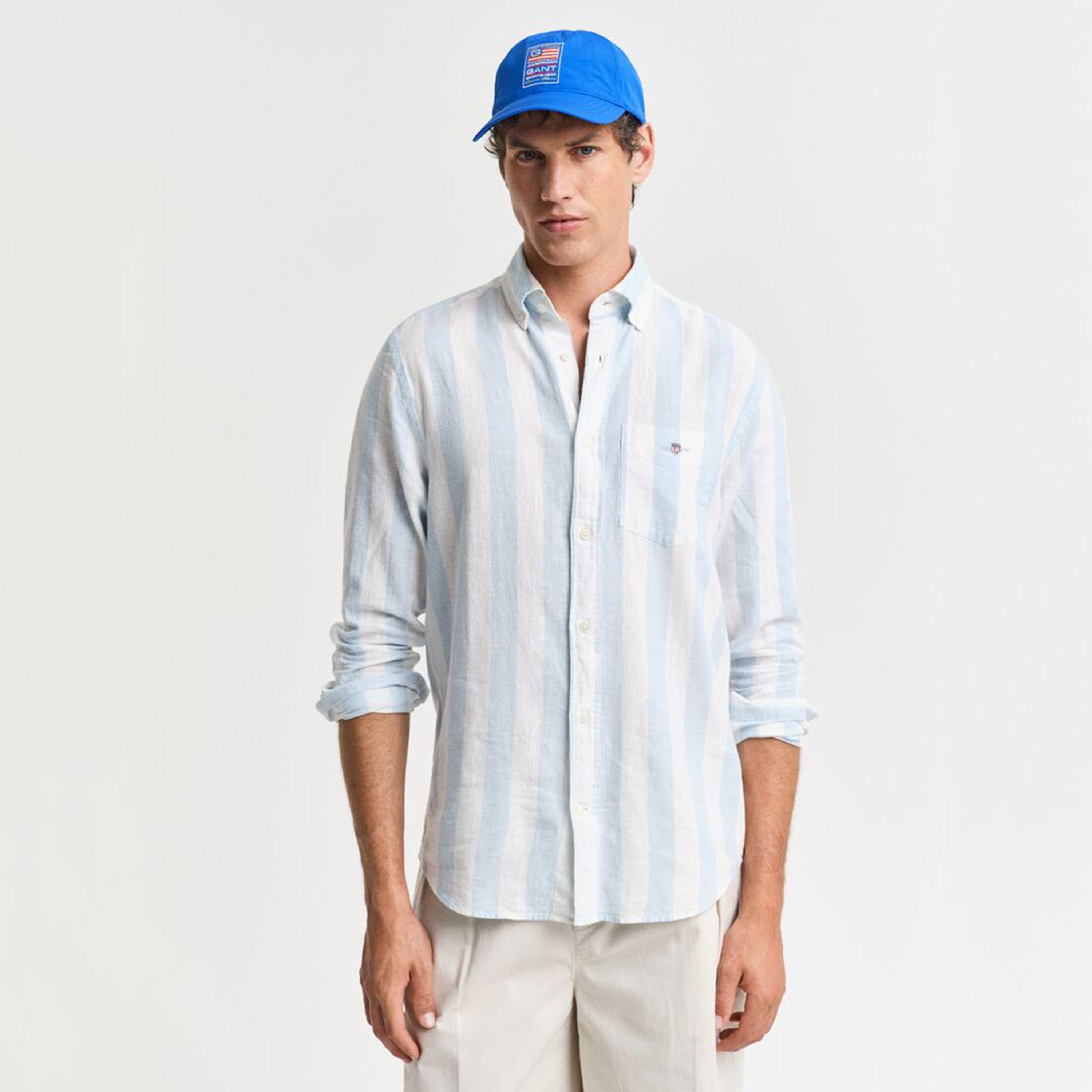 قميص رجالي مخطط من مزيج الكتان بقصة عادية وياقة وأزرار وأكمام طويلة من جانت-men-clothing-shirts-image-1