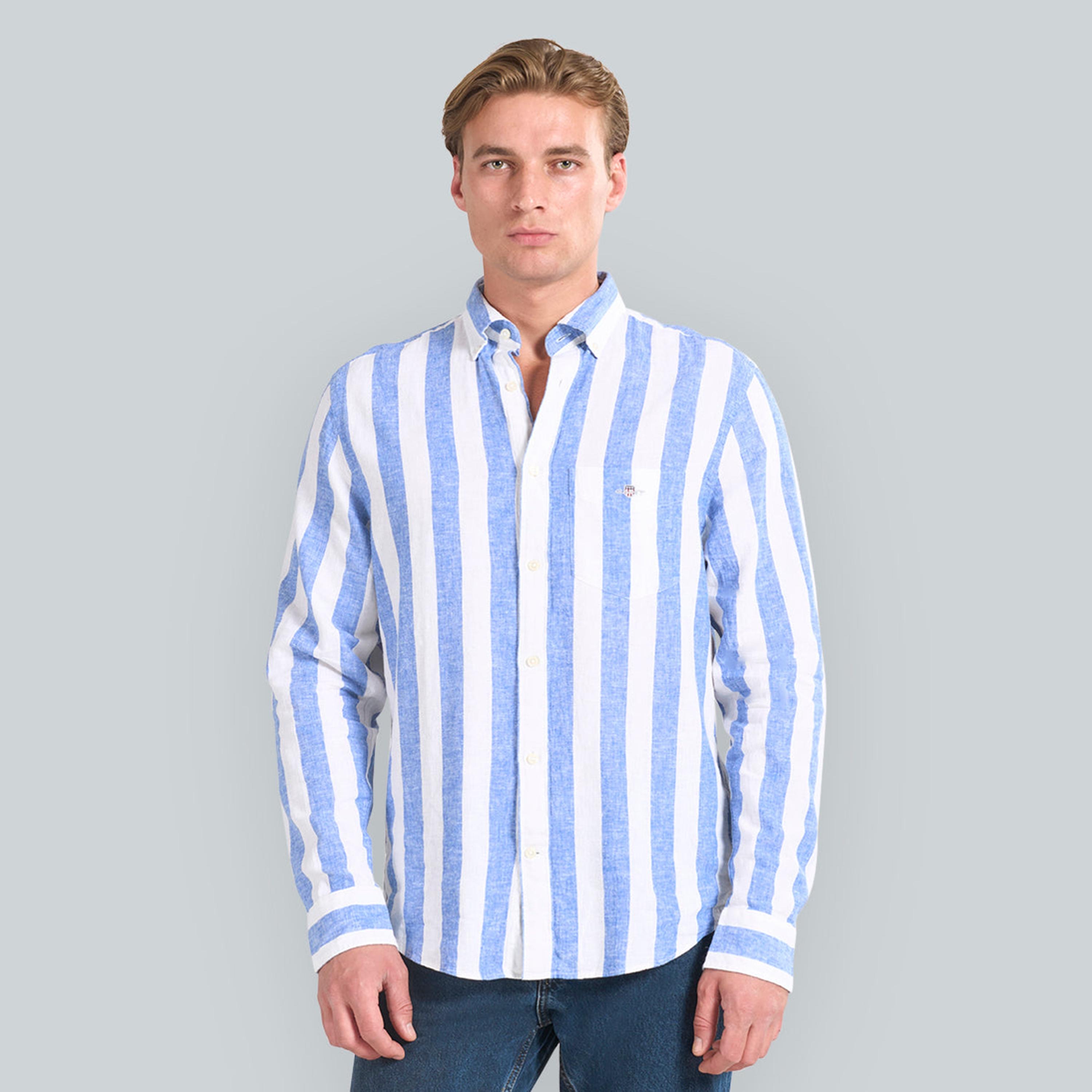 قميص رجالي مخطط من مزيج الكتان بقصة عادية وياقة وأزرار وأكمام طويلة من جانت-men-clothing-shirts-image-9