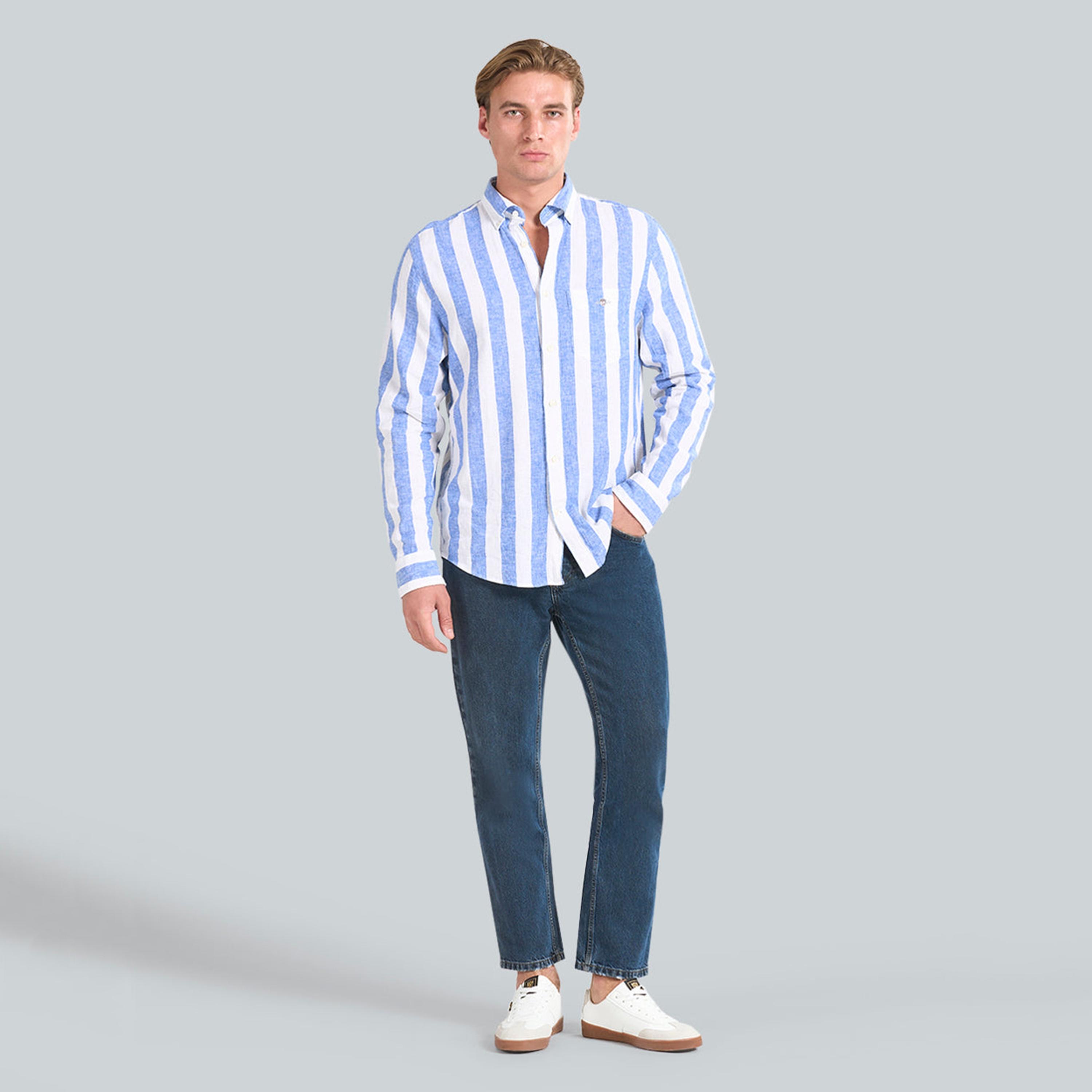 قميص رجالي مخطط من مزيج الكتان بقصة عادية وياقة وأزرار وأكمام طويلة من جانت-men-clothing-shirts-image-11