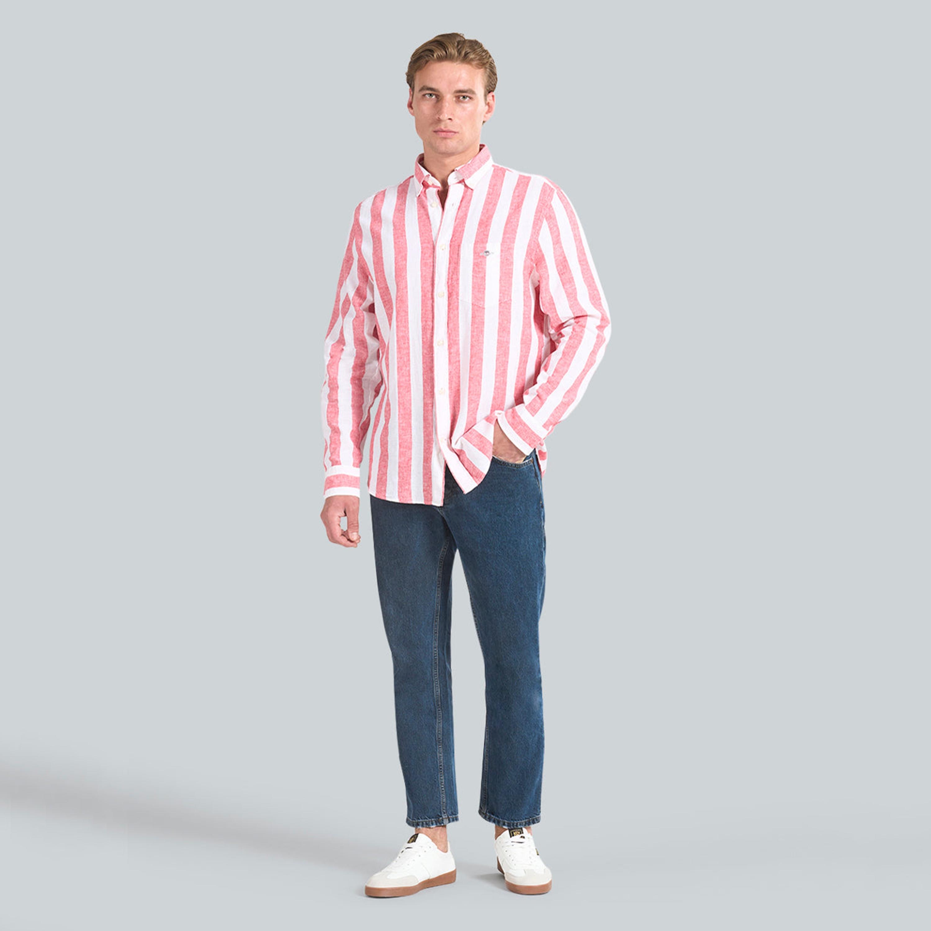 قميص رجالي مخطط من مزيج الكتان بقصة عادية وياقة وأزرار وأكمام طويلة من جانت-men-clothing-shirts-image-7