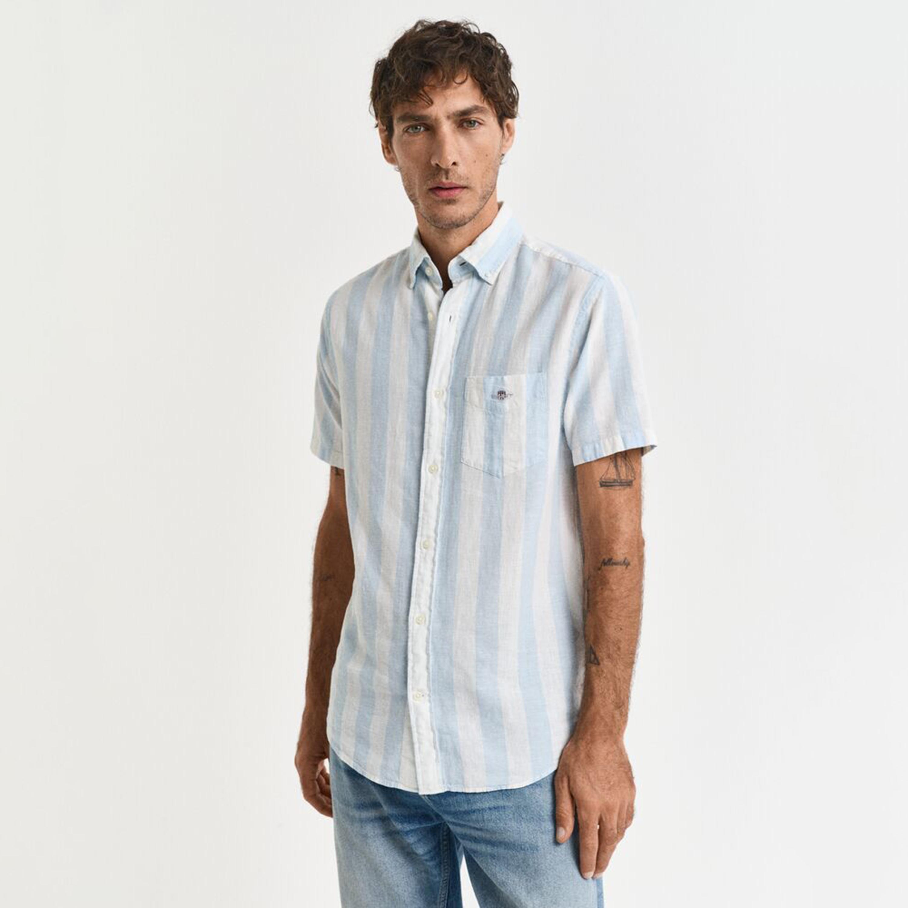 قميص رجالي مخطط من مزيج الكتان بقصة عادية وياقة وأزرار وأكمام قصيرة من جانت-men-clothing-shirts-image-5