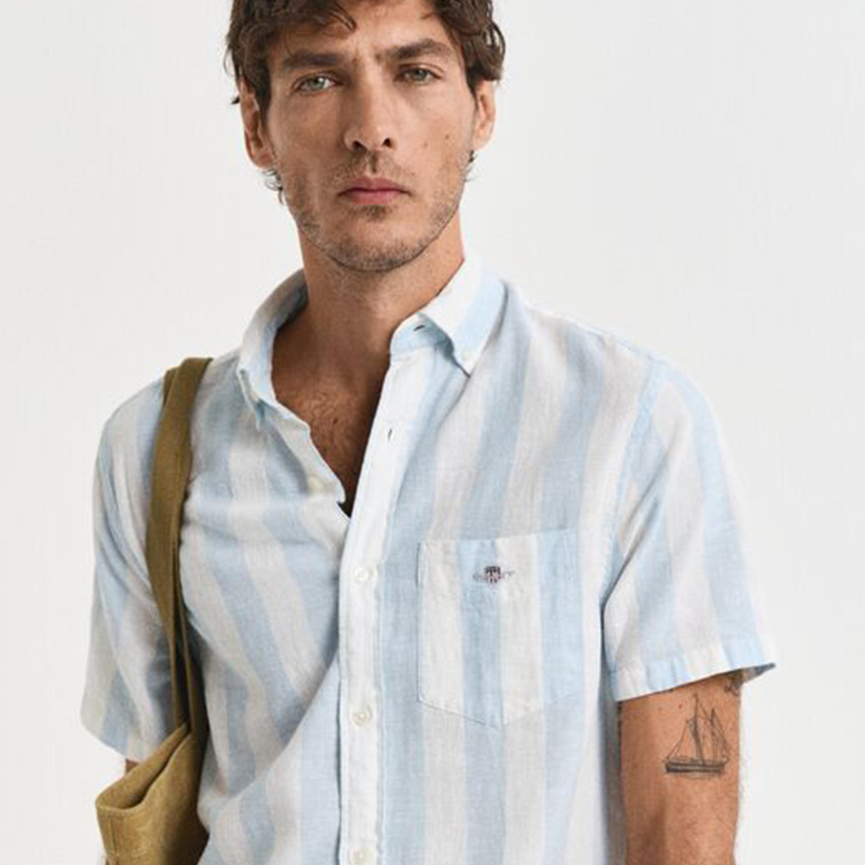 قميص رجالي مخطط من مزيج الكتان بقصة عادية وياقة وأزرار وأكمام قصيرة من جانت-men-clothing-shirts-image-6
