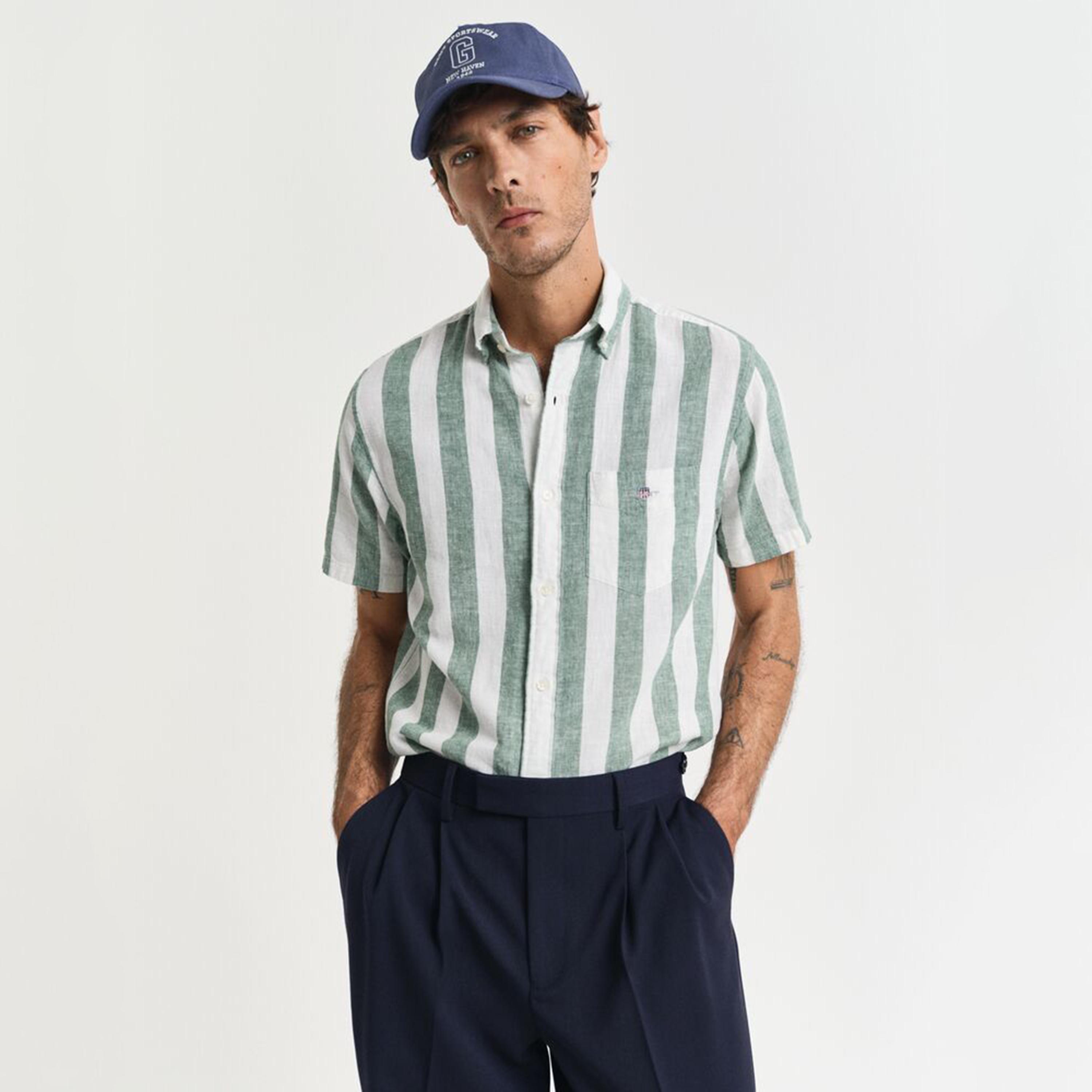 قميص رجالي مخطط من مزيج الكتان بقصة عادية وياقة وأزرار وأكمام قصيرة من جانت-men-clothing-shirts-image-1