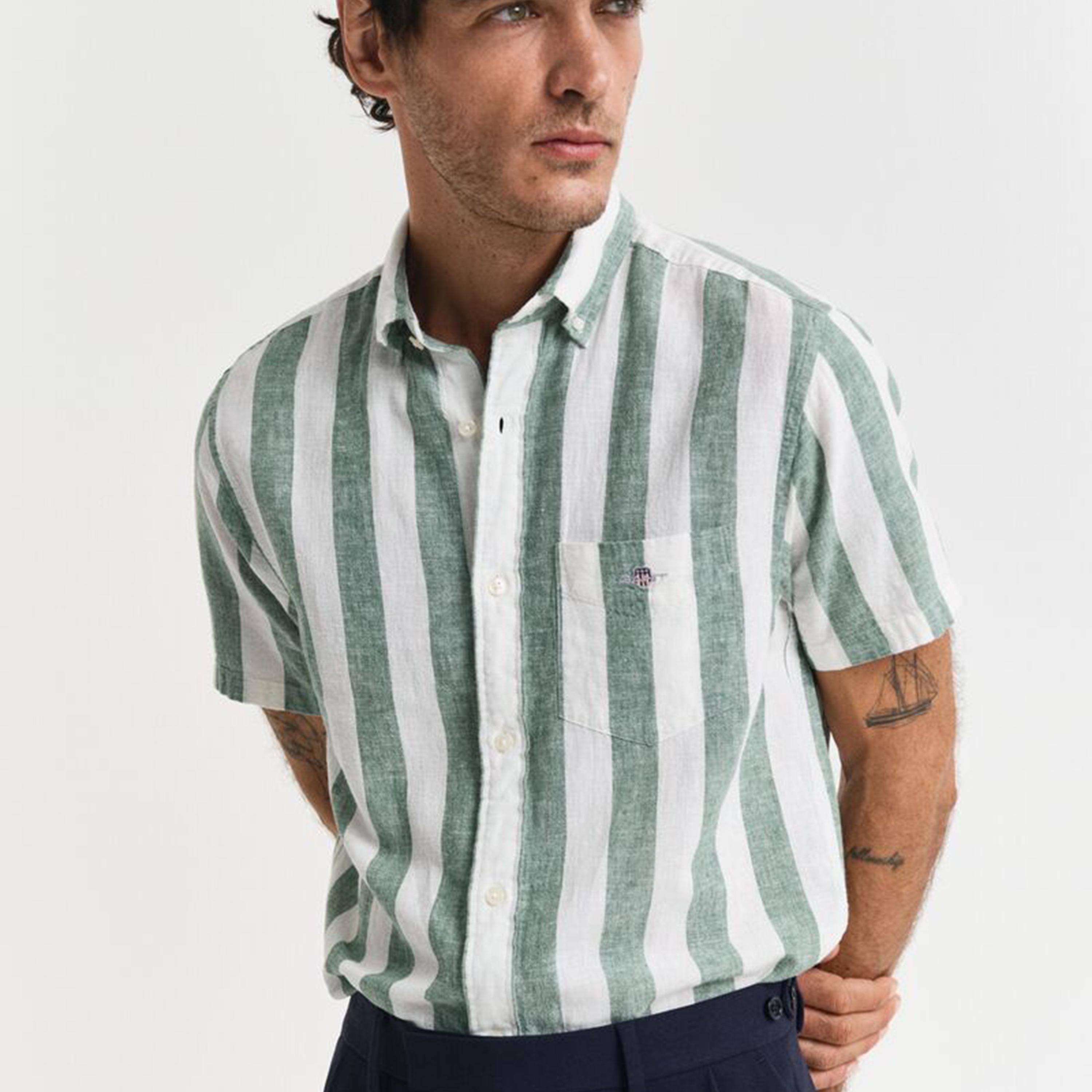قميص رجالي مخطط من مزيج الكتان بقصة عادية وياقة وأزرار وأكمام قصيرة من جانت-men-clothing-shirts-image-2