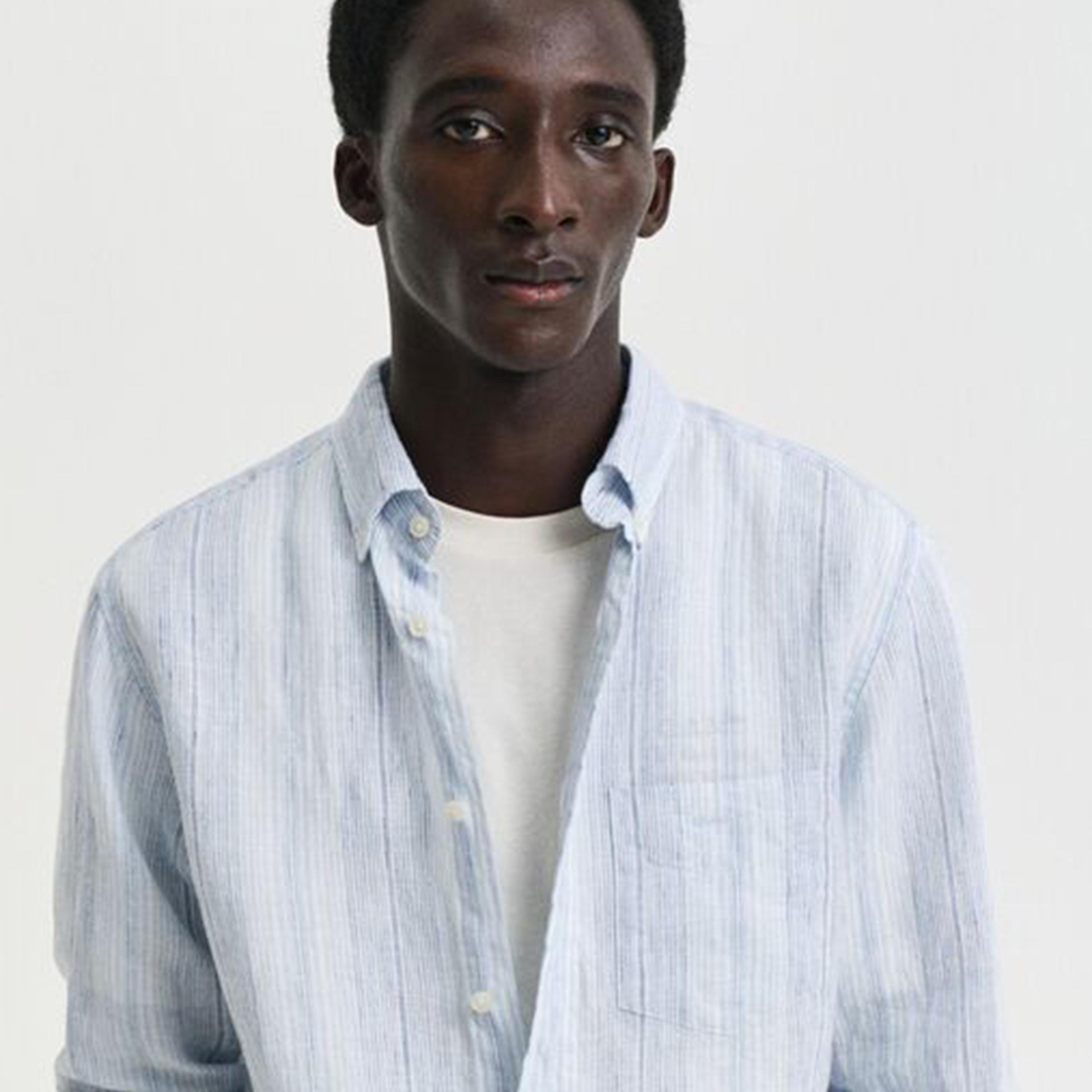 Gant Regular Fit Striped Button-Down Collar Long Sleeves Men's Linen Shirt-men-clothing-shirts-image-2