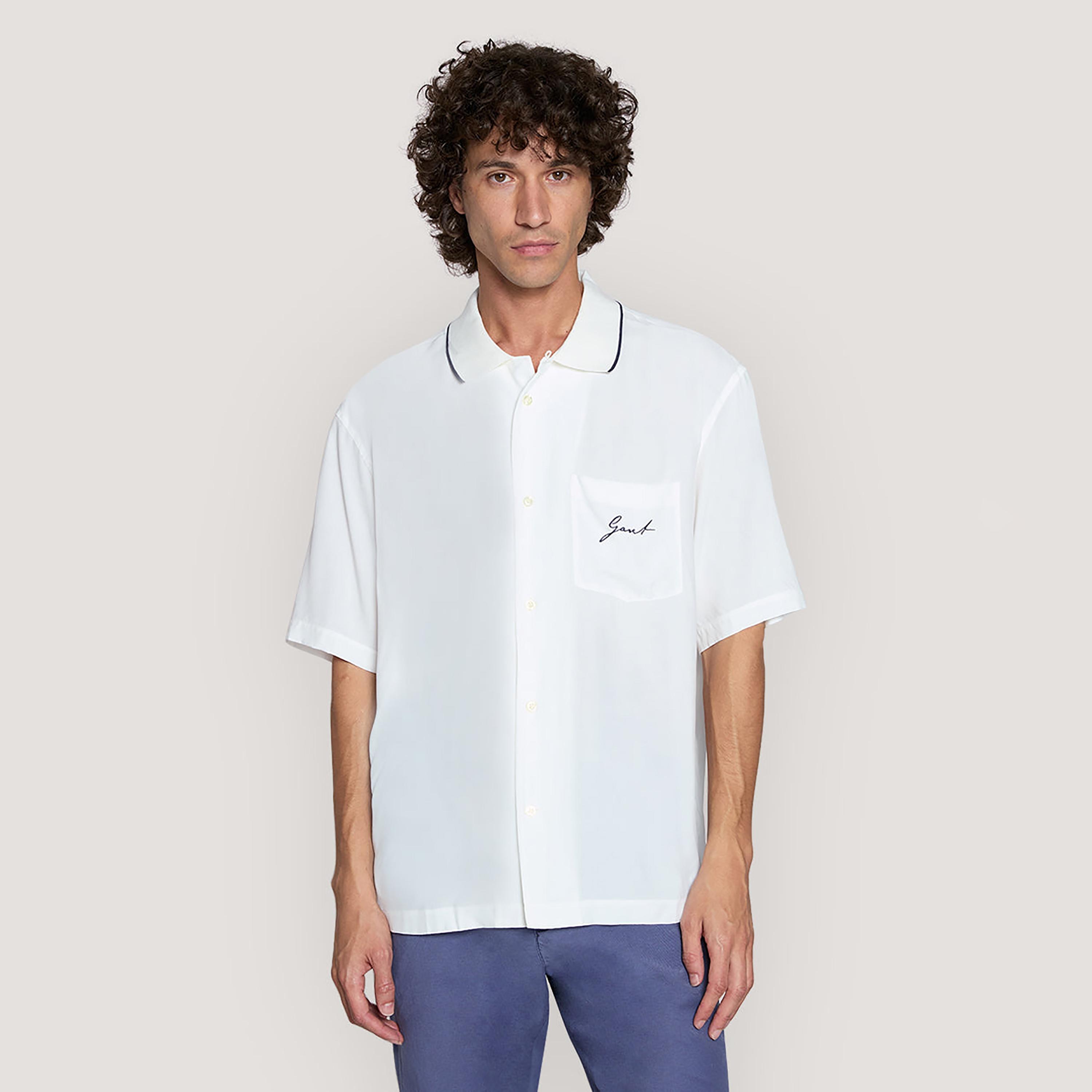 Gant Plain Relaxed Fit Short Sleeves Button-Down Collar Men's Shirt-men-clothing-shirts-image-1