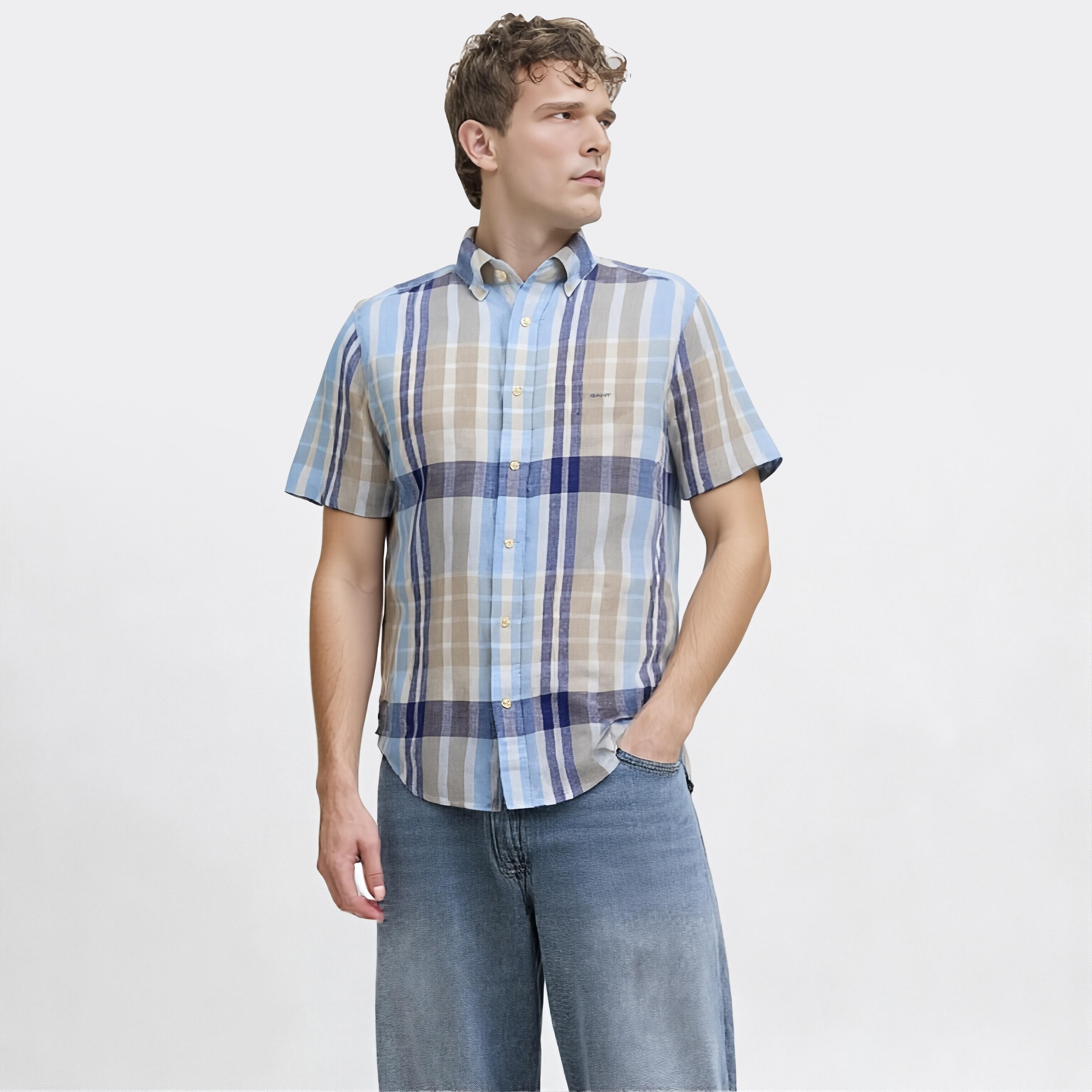 قميص رجالي كاروهات من الكتان بقصة عادية وياقة وأزرار وأكمام قصيرة من جانت-men-clothing-shirts-image-1