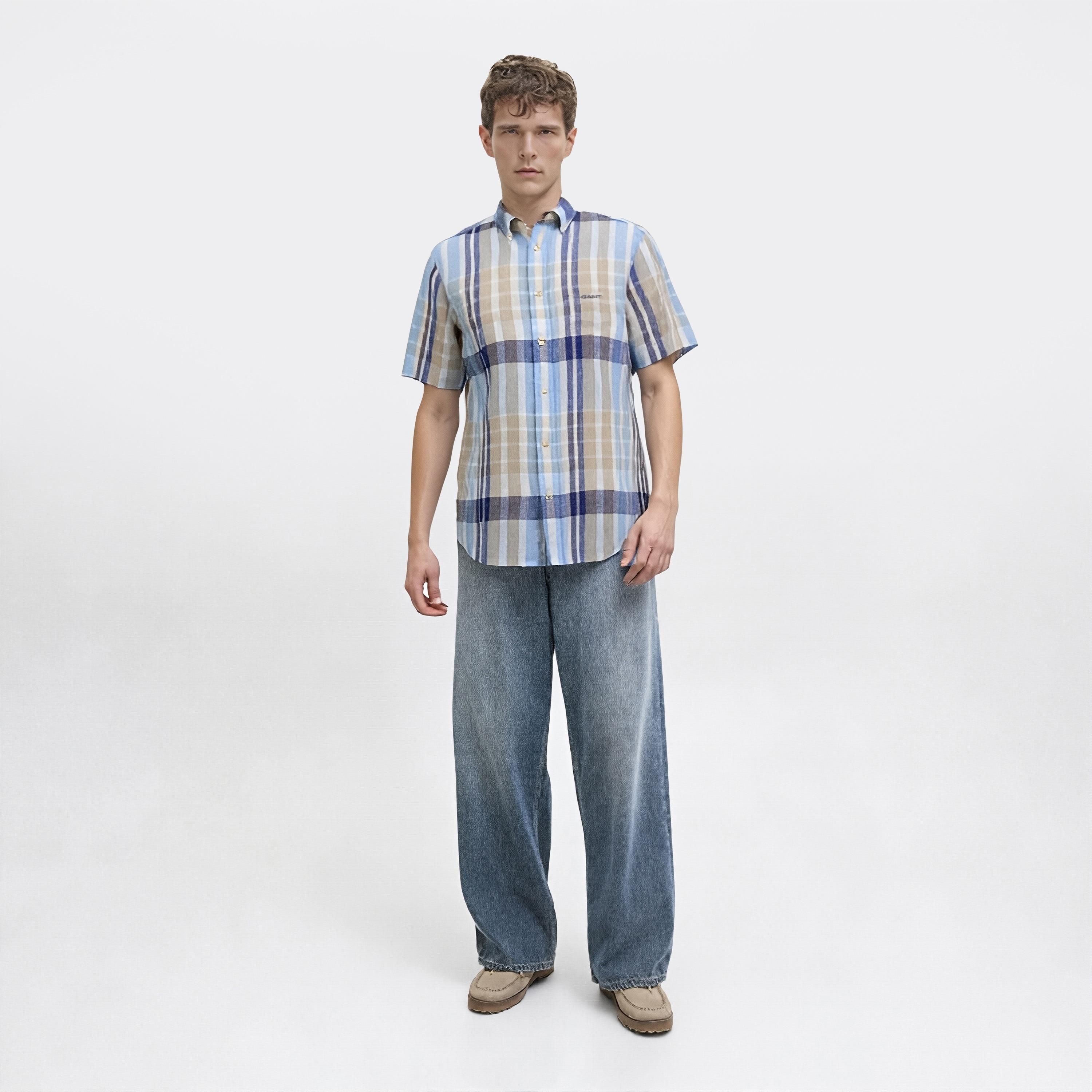 قميص رجالي كاروهات من الكتان بقصة عادية وياقة وأزرار وأكمام قصيرة من جانت-men-clothing-shirts-image-2