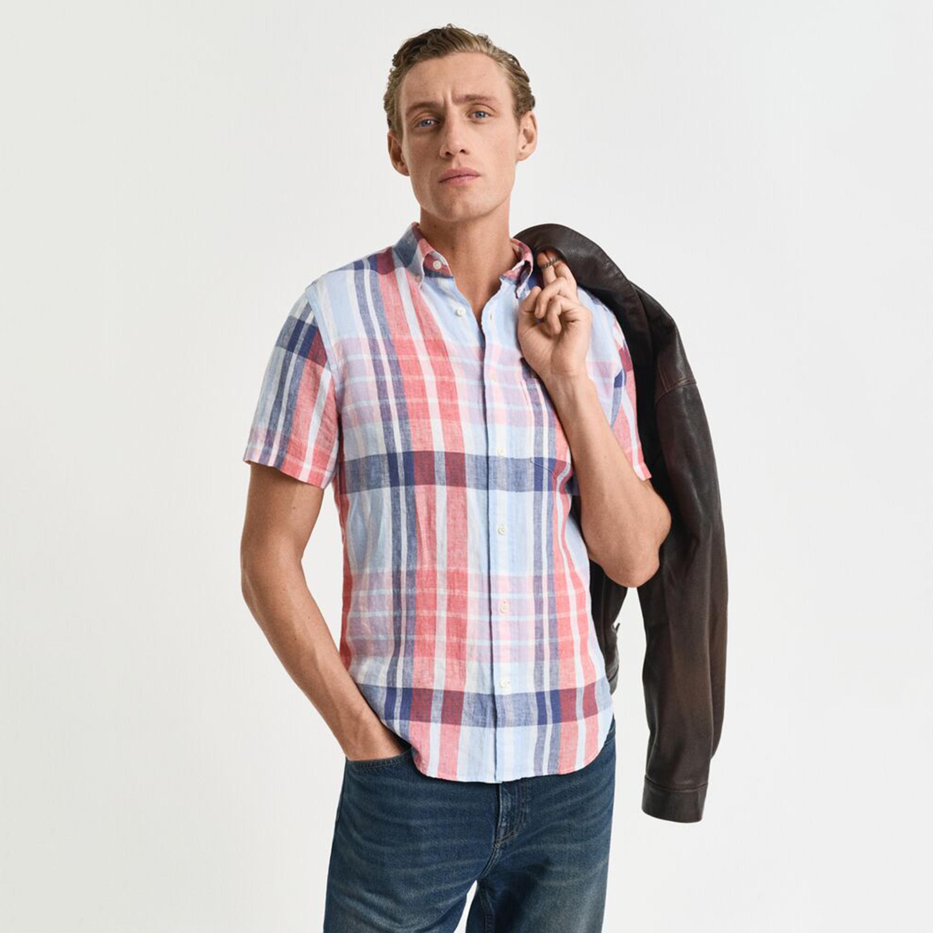 قميص رجالي كاروهات من الكتان بقصة عادية وياقة وأزرار وأكمام قصيرة من جانت-men-clothing-shirts-image-4