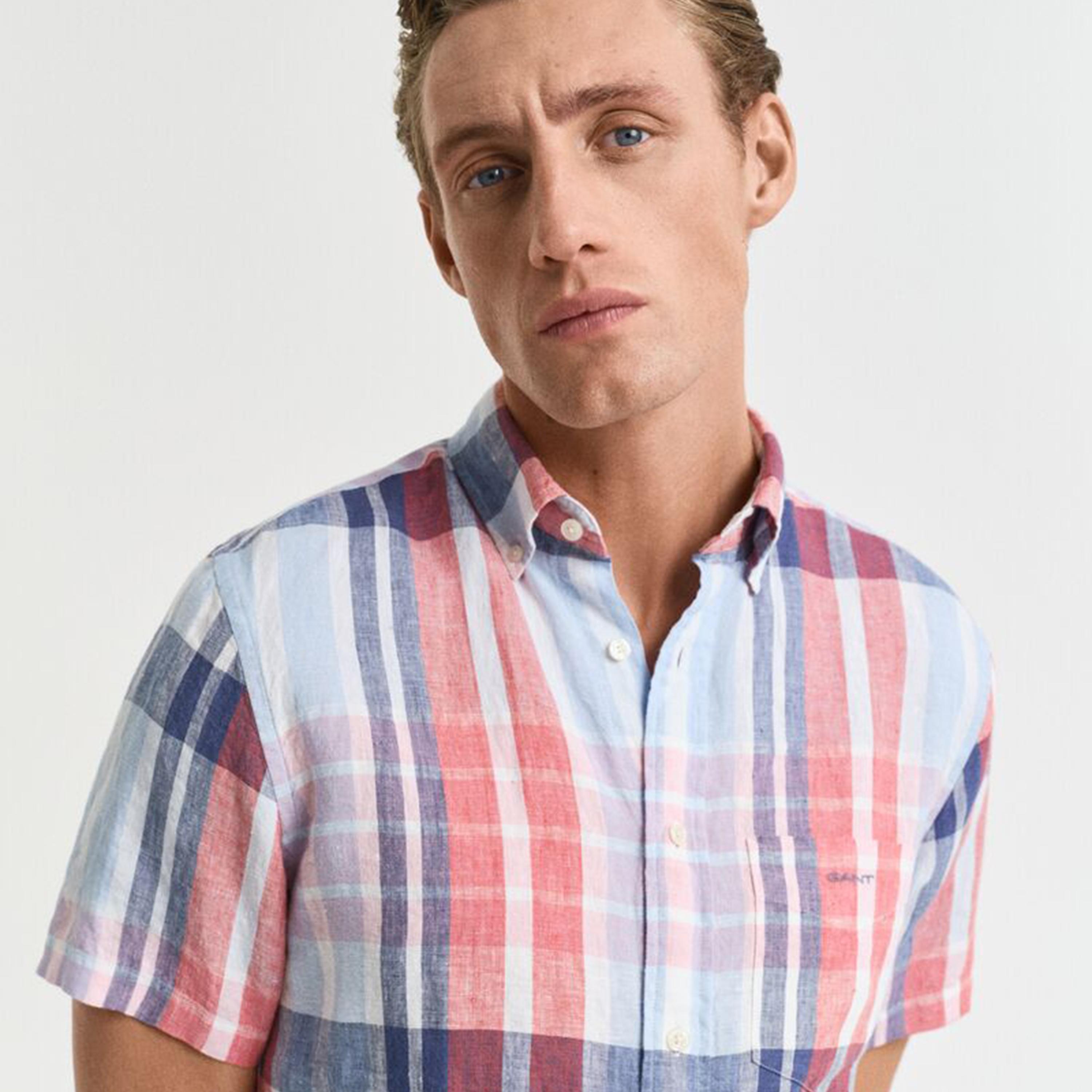 قميص رجالي كاروهات من الكتان بقصة عادية وياقة وأزرار وأكمام قصيرة من جانت-men-clothing-shirts-image-5